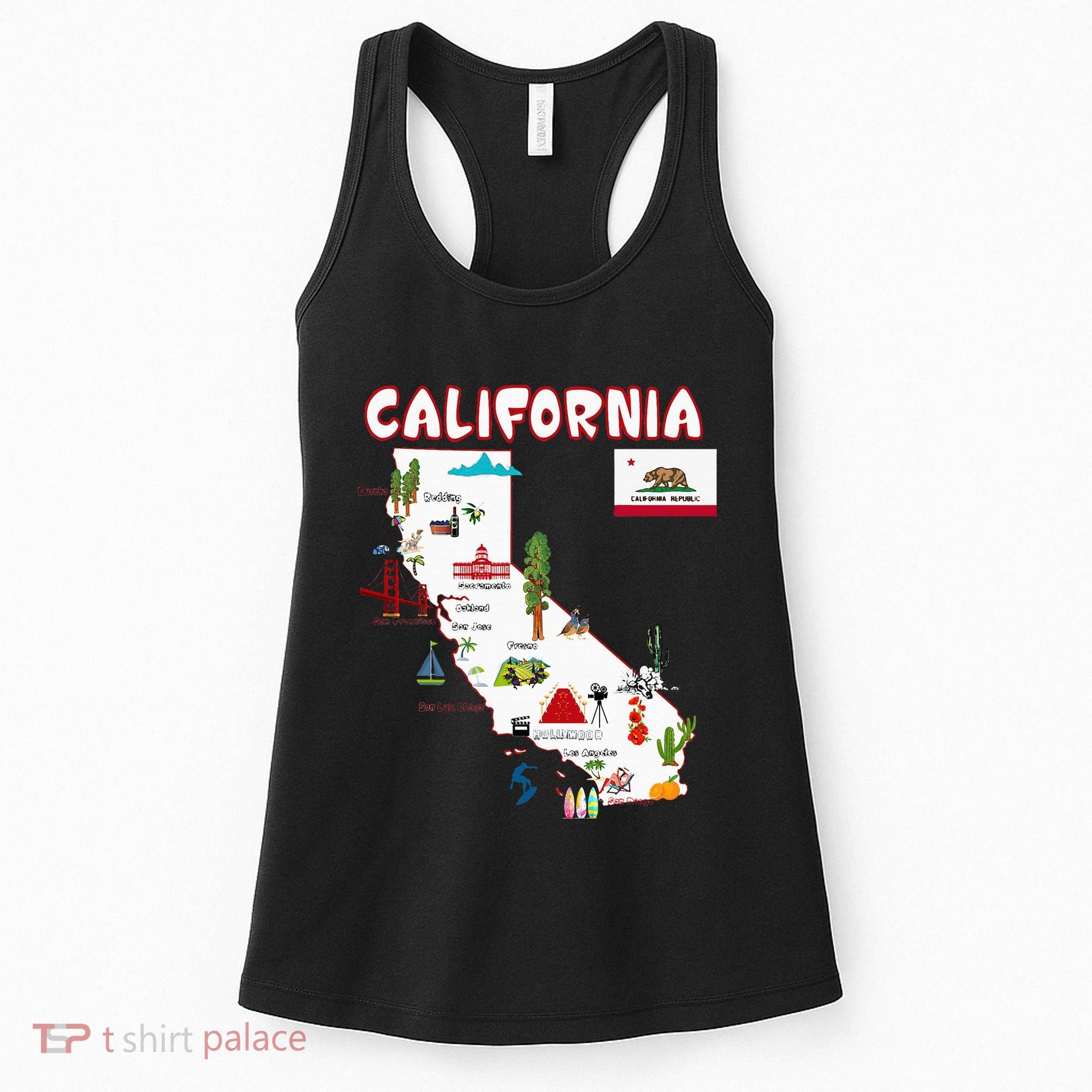 Map Of California Landmarks Major Cities Flag Women's Tank Top