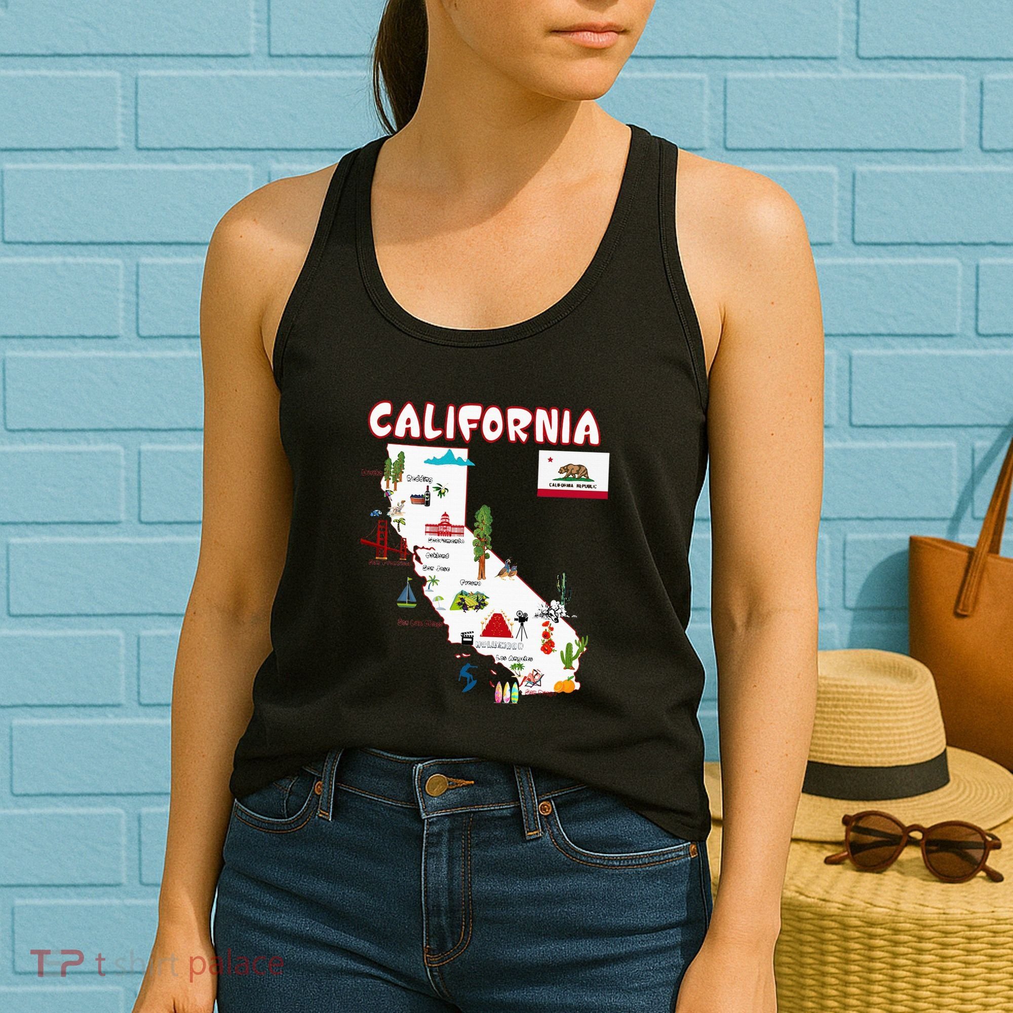 Map Of California Landmarks Major Cities Flag Women's Tank Top