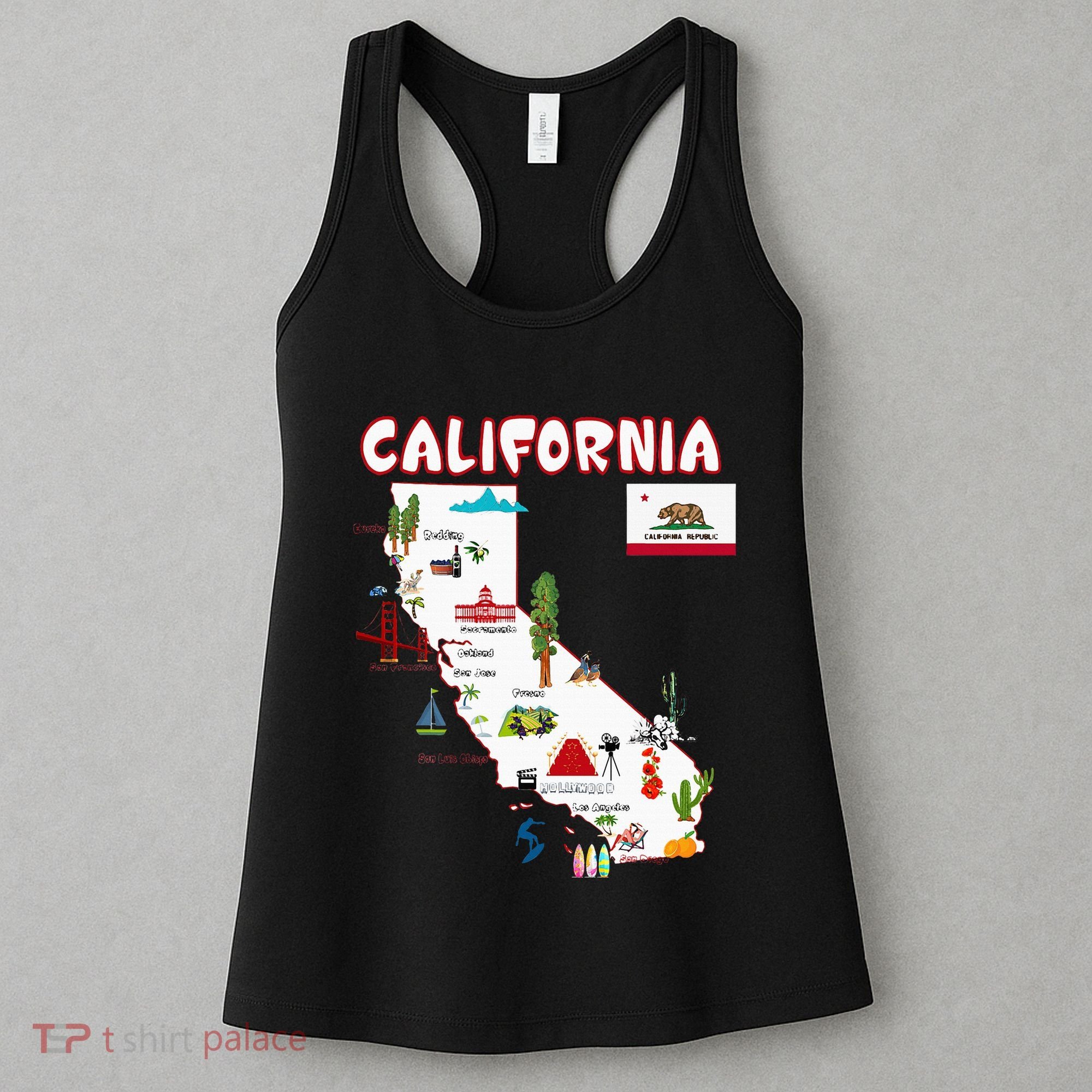 Map Of California Landmarks Major Cities Flag Women's Tank Top