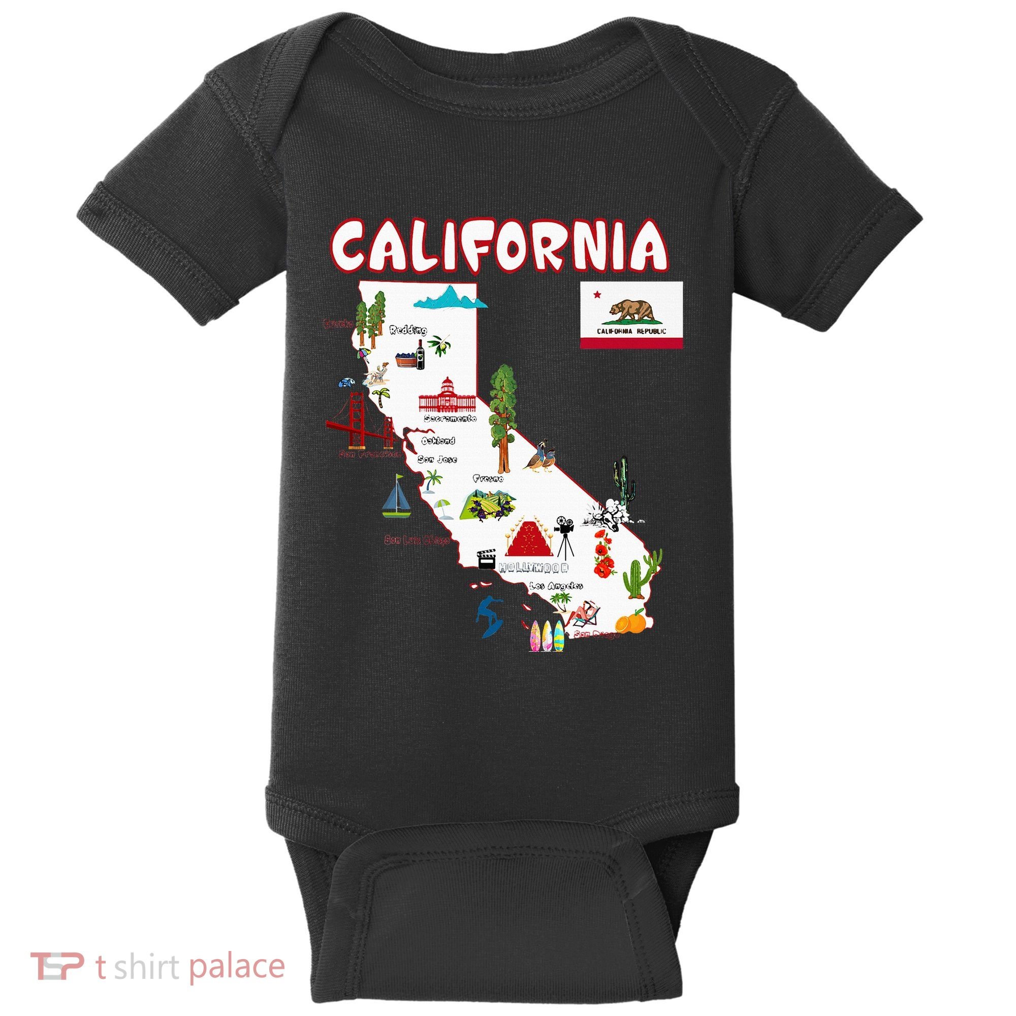 Map Of California Landmarks Major Cities Flag Baby Bodysuit