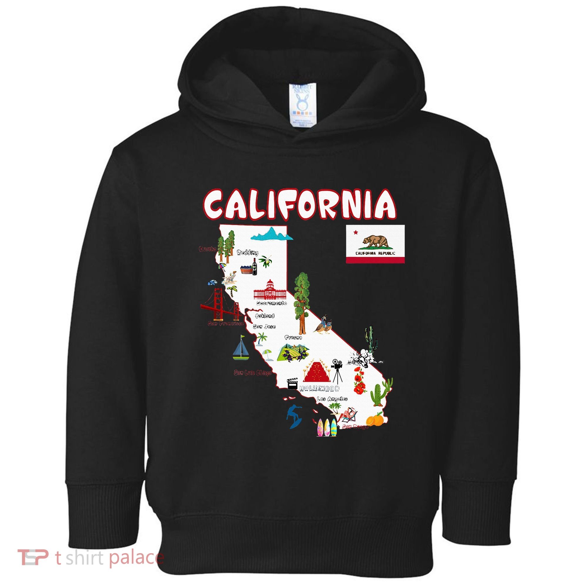 Map Of California Landmarks Major Cities Flag Toddler Hoodie