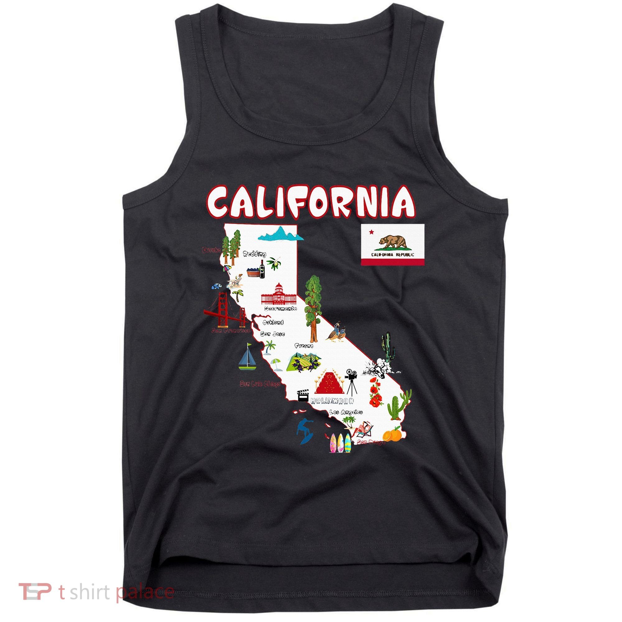 Map Of California Landmarks Major Cities Flag Tank Top
