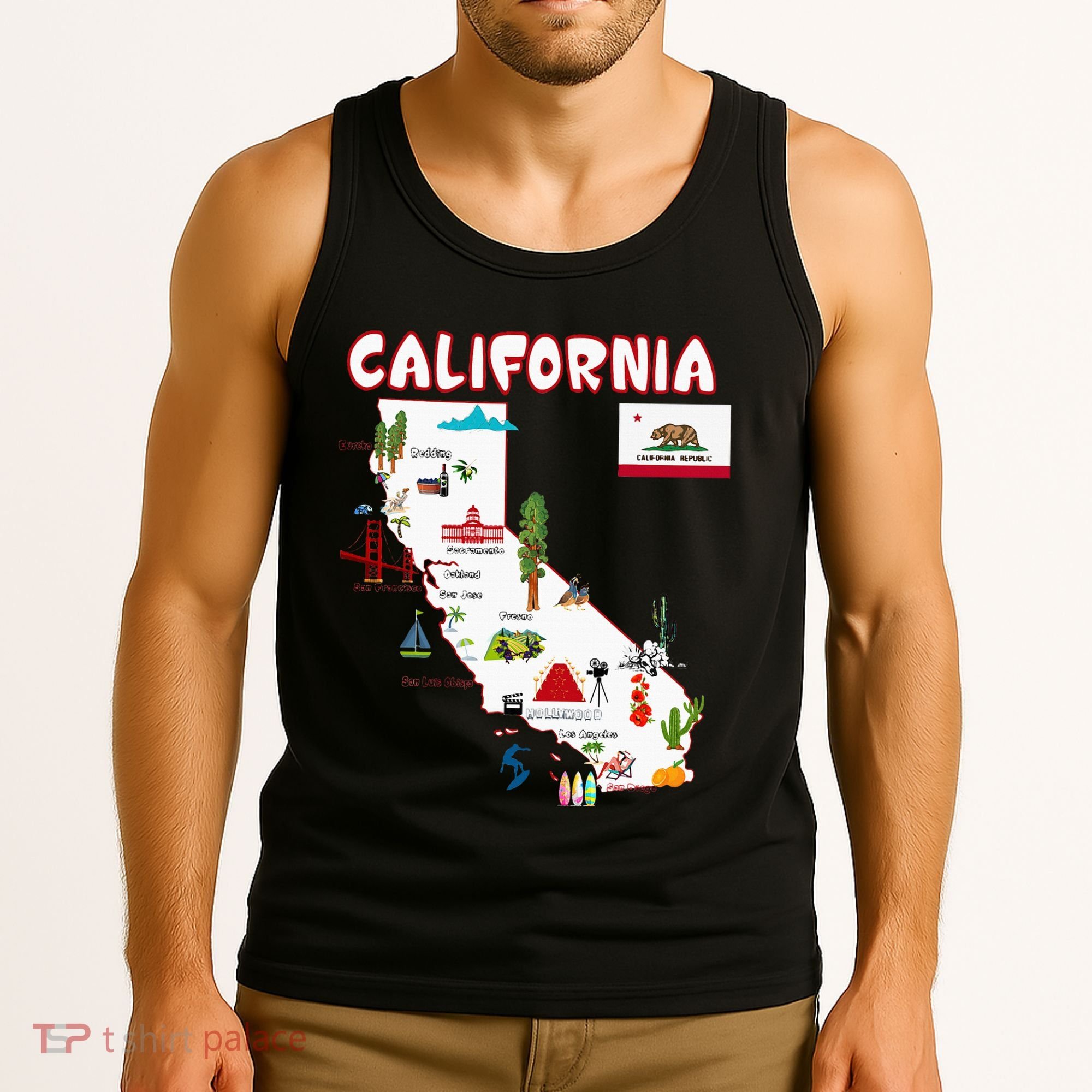 Map Of California Landmarks Major Cities Flag Tank Top