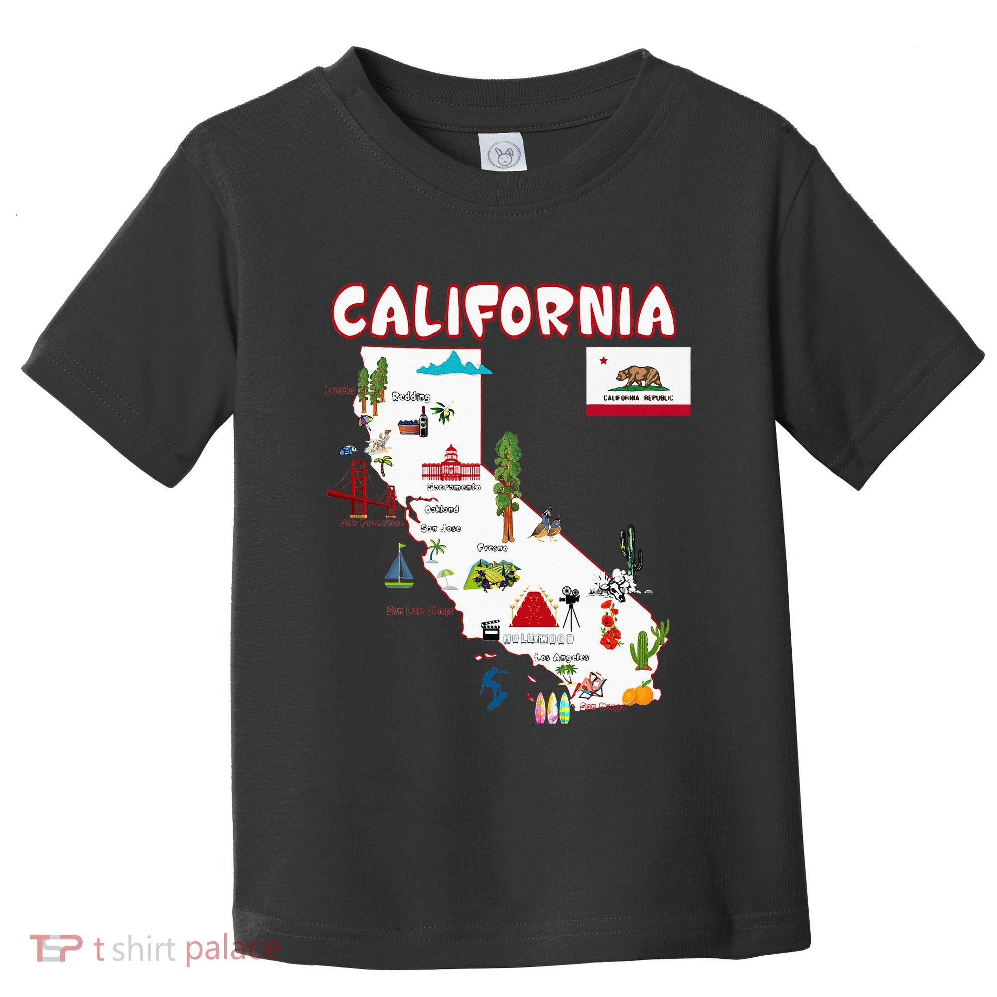 Map Of California Landmarks Major Cities Flag Toddler T-Shirt
