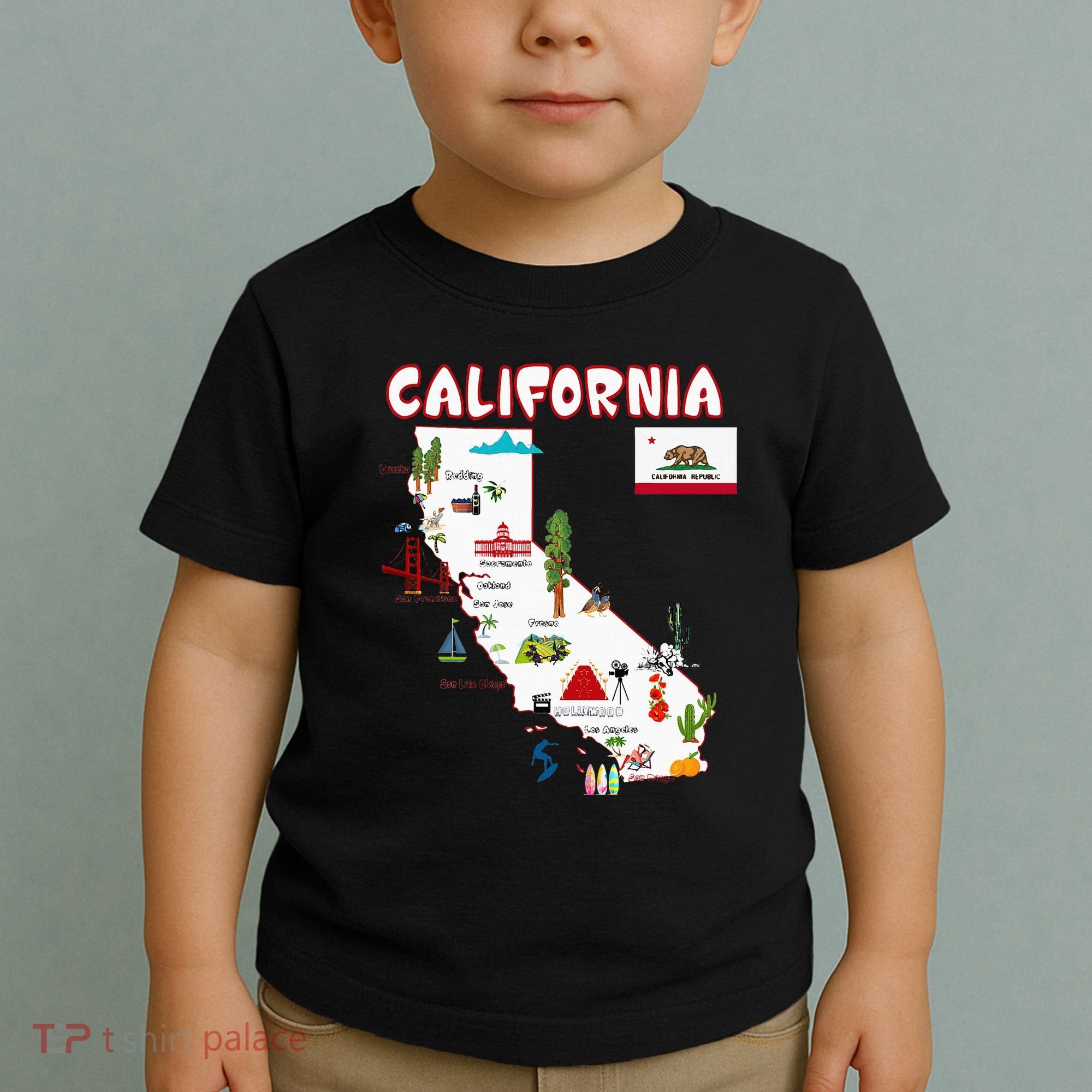 Map Of California Landmarks Major Cities Flag Toddler T-Shirt