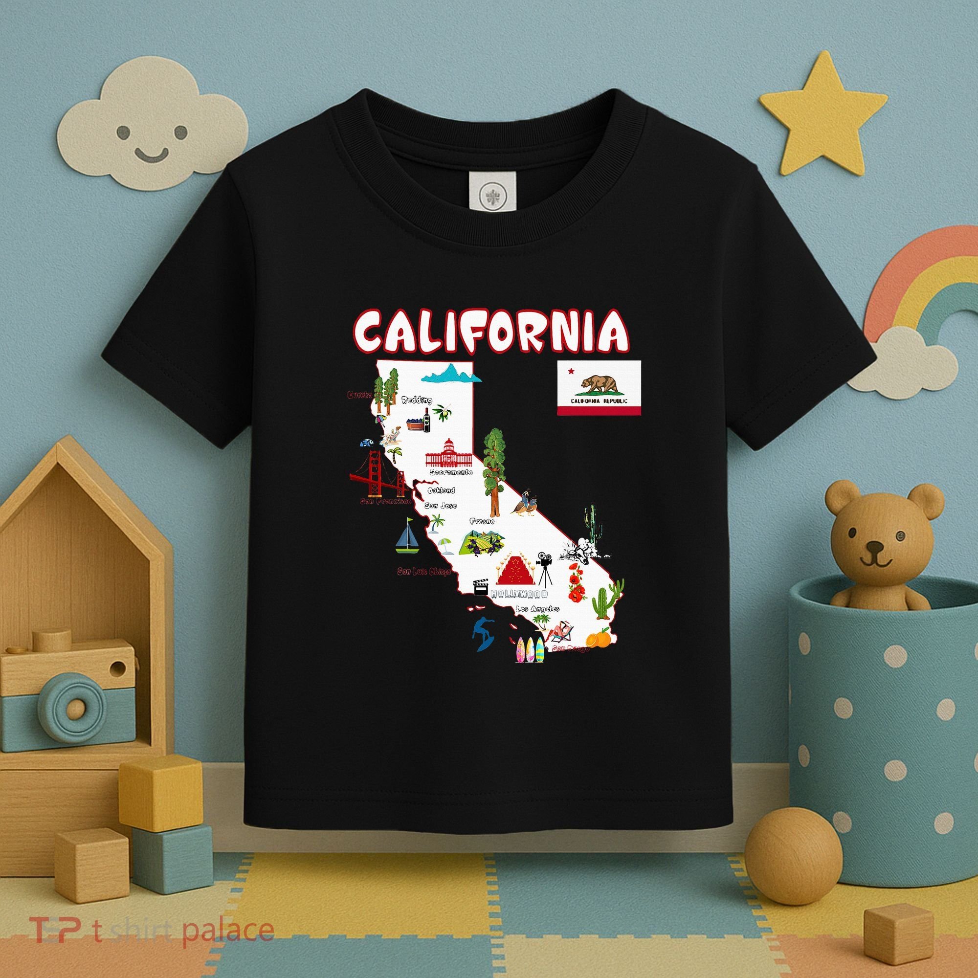 Map Of California Landmarks Major Cities Flag Toddler T-Shirt