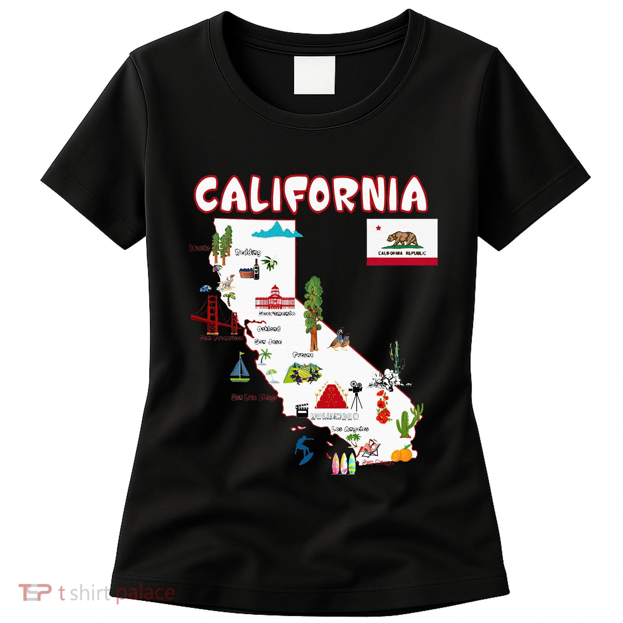 Map Of California Landmarks Major Cities Flag Women's T-Shirt