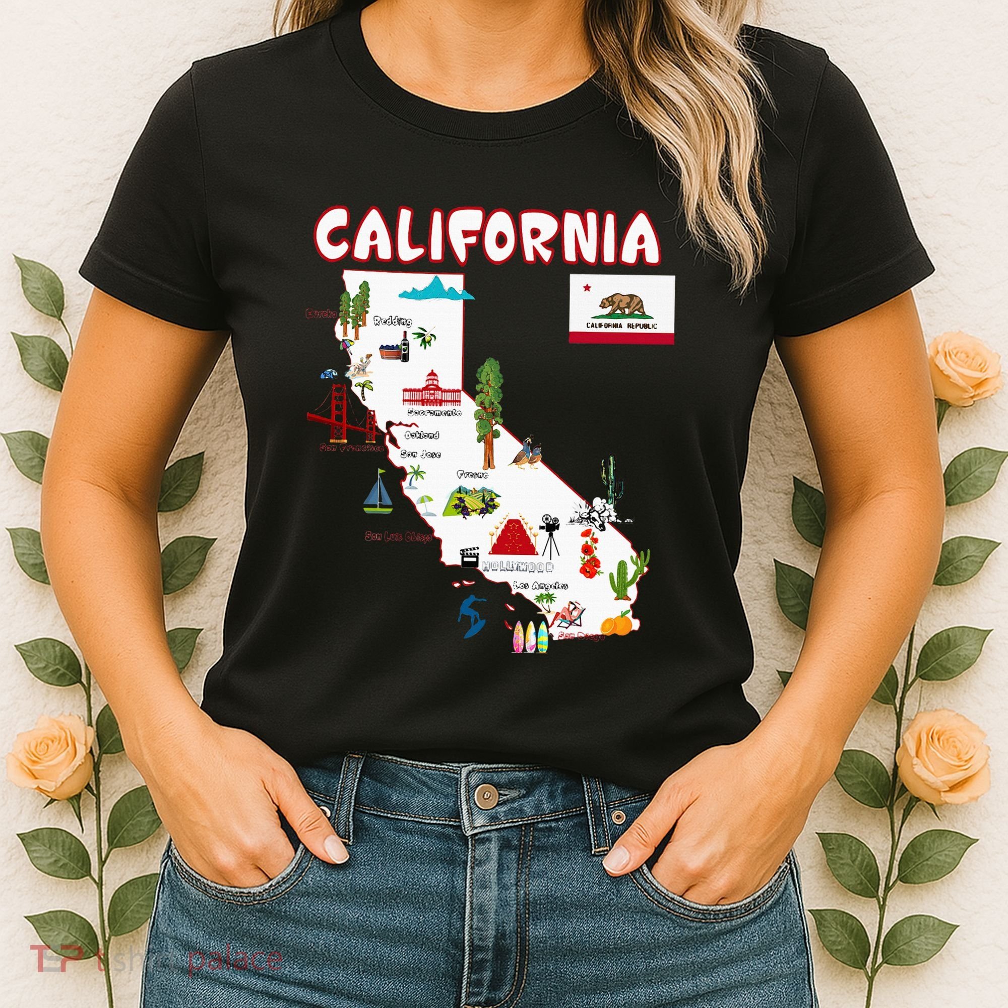 Map Of California Landmarks Major Cities Flag Women's T-Shirt