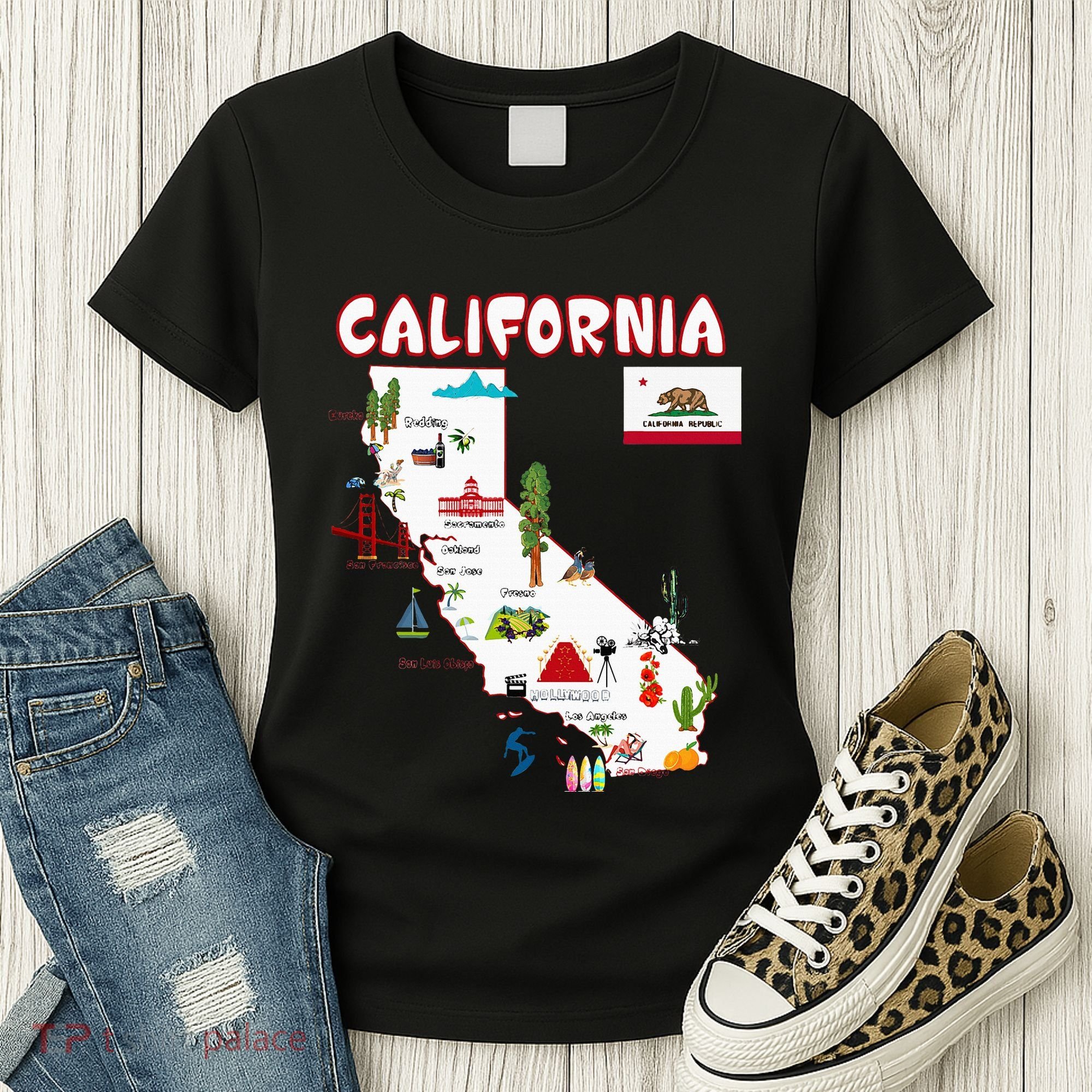 Map Of California Landmarks Major Cities Flag Women's T-Shirt