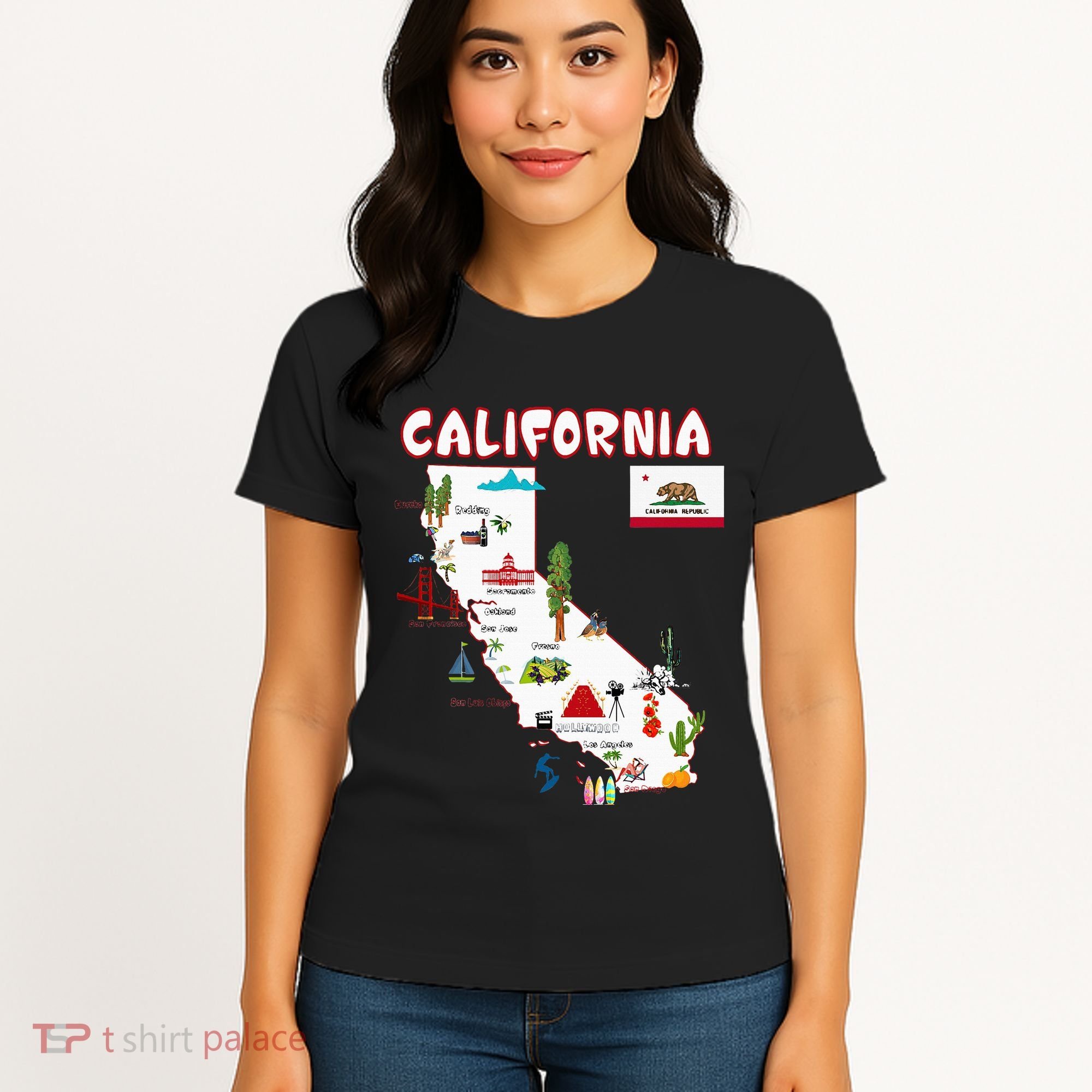 Map Of California Landmarks Major Cities Flag Women's T-Shirt
