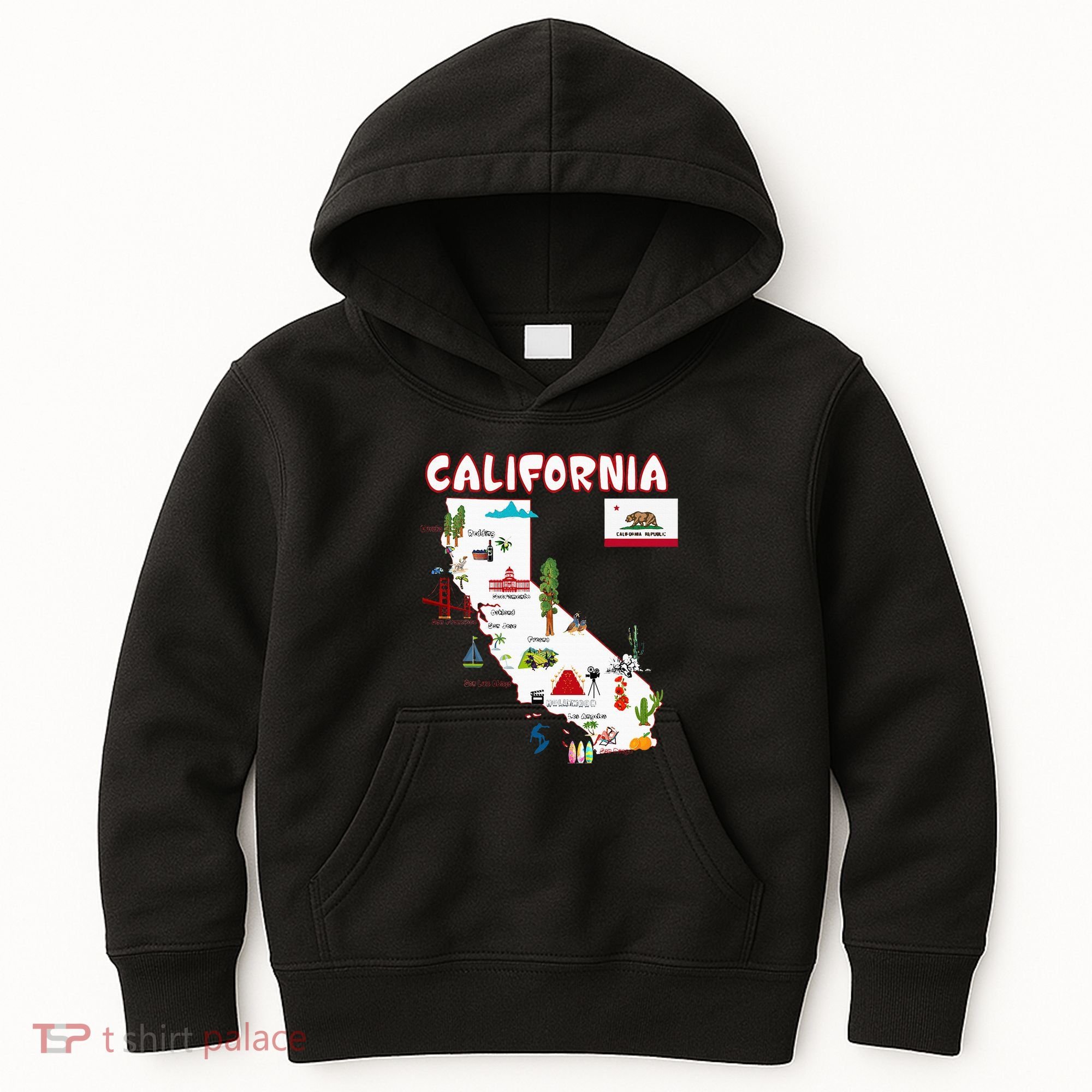 Map Of California Landmarks Major Cities Flag Kids Hoodie