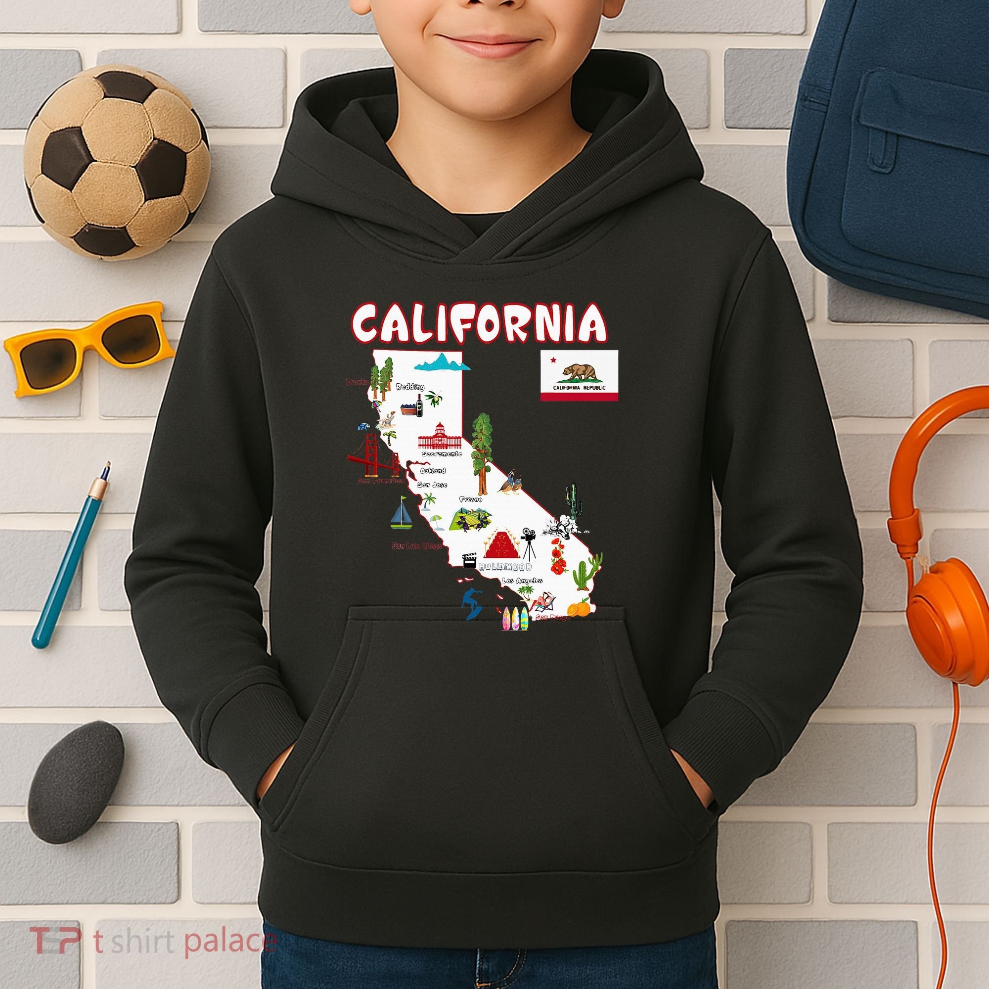 Map Of California Landmarks Major Cities Flag Kids Hoodie