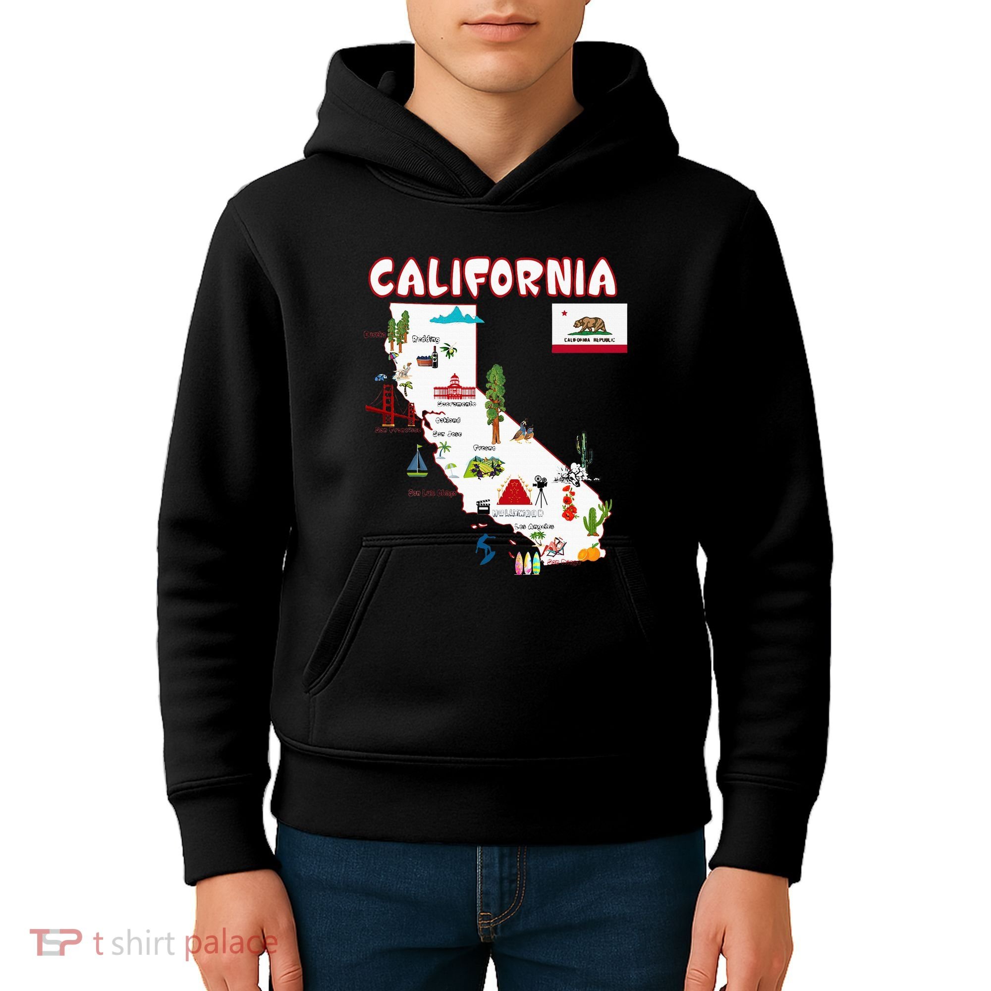 Map Of California Landmarks Major Cities Flag Kids Hoodie