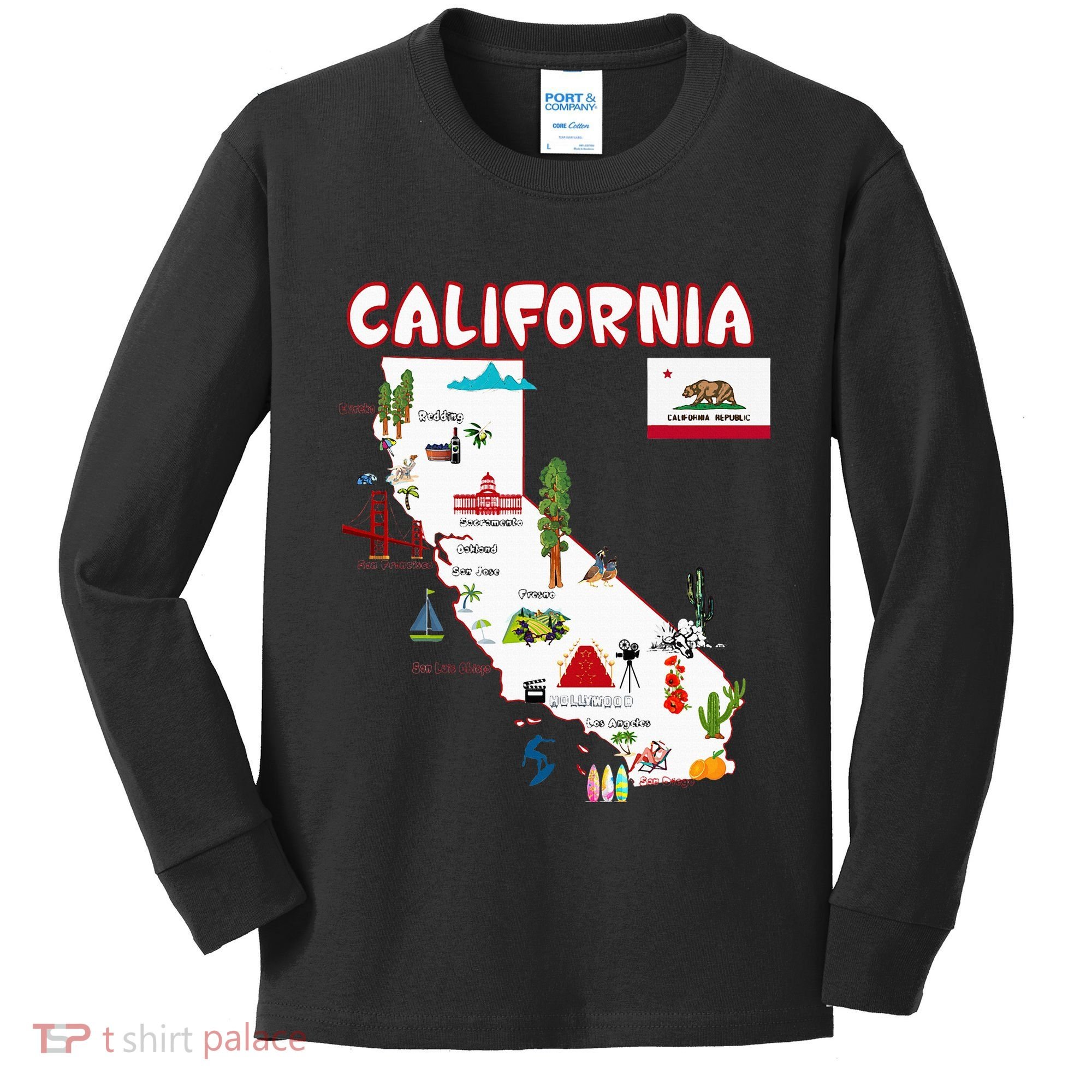 Map Of California Landmarks Major Cities Flag Kids Long Sleeve Shirt