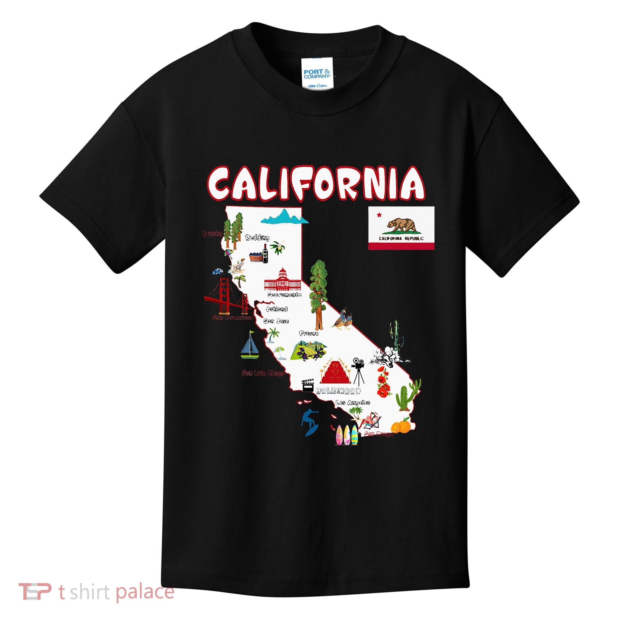 Map Of California Landmarks Major Cities Flag Kids T-Shirt