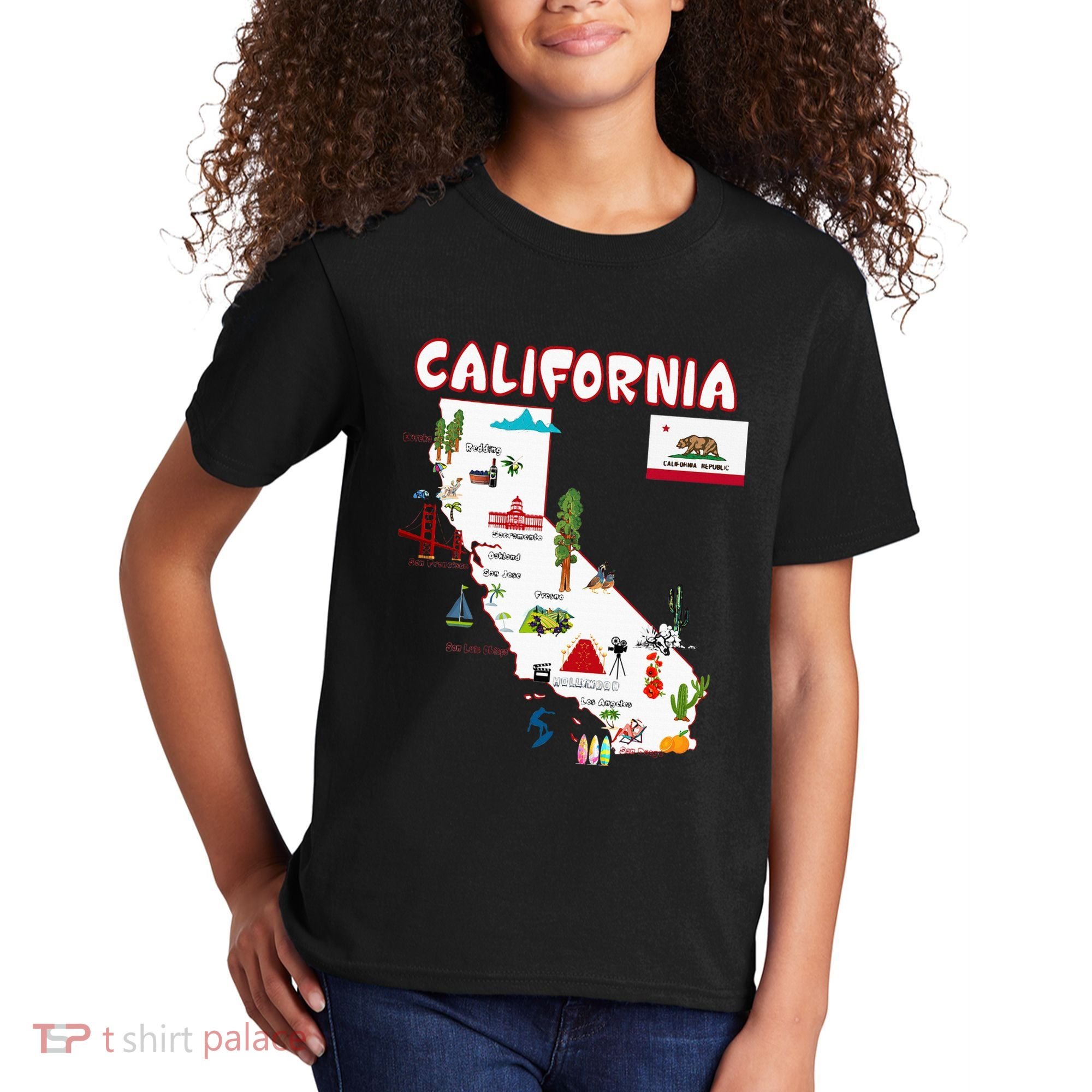 Map Of California Landmarks Major Cities Flag Kids T-Shirt