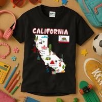 Map Of California Landmarks Major Cities Flag Kids T-Shirt thumb 3
