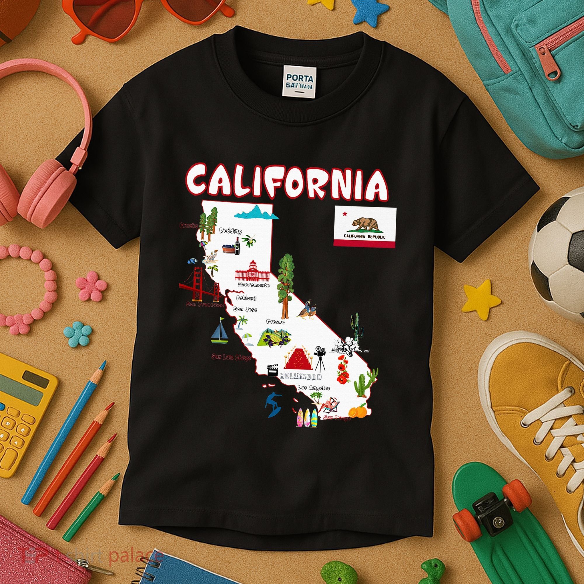 Map Of California Landmarks Major Cities Flag Kids T-Shirt