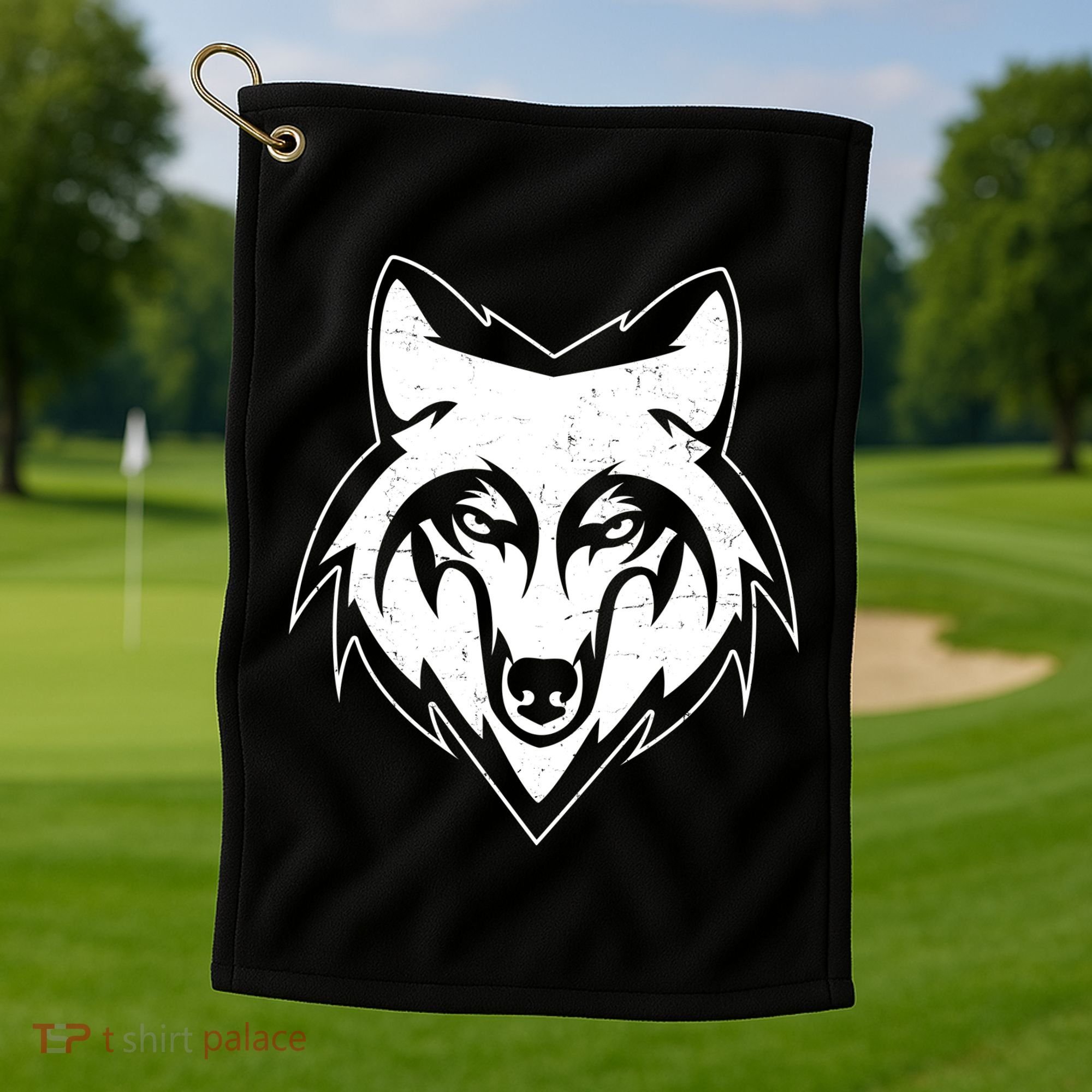 Modern Wolf Face Symbol Golf Towel