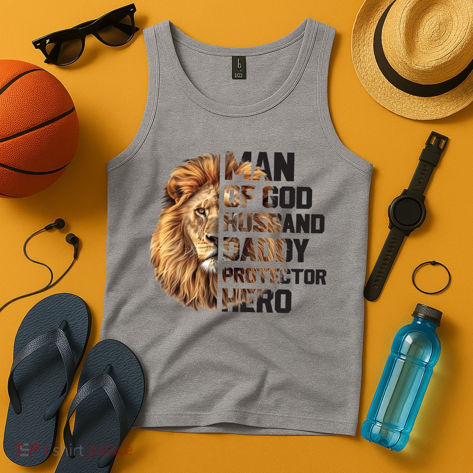 Man Of God Husband Daddy Protector Hero Dad Lion Father's Day Tank Top