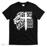 Man Of God Husband Daddy Protector Hero Dad Lion Jesus Cross T-Shirt thumb 0