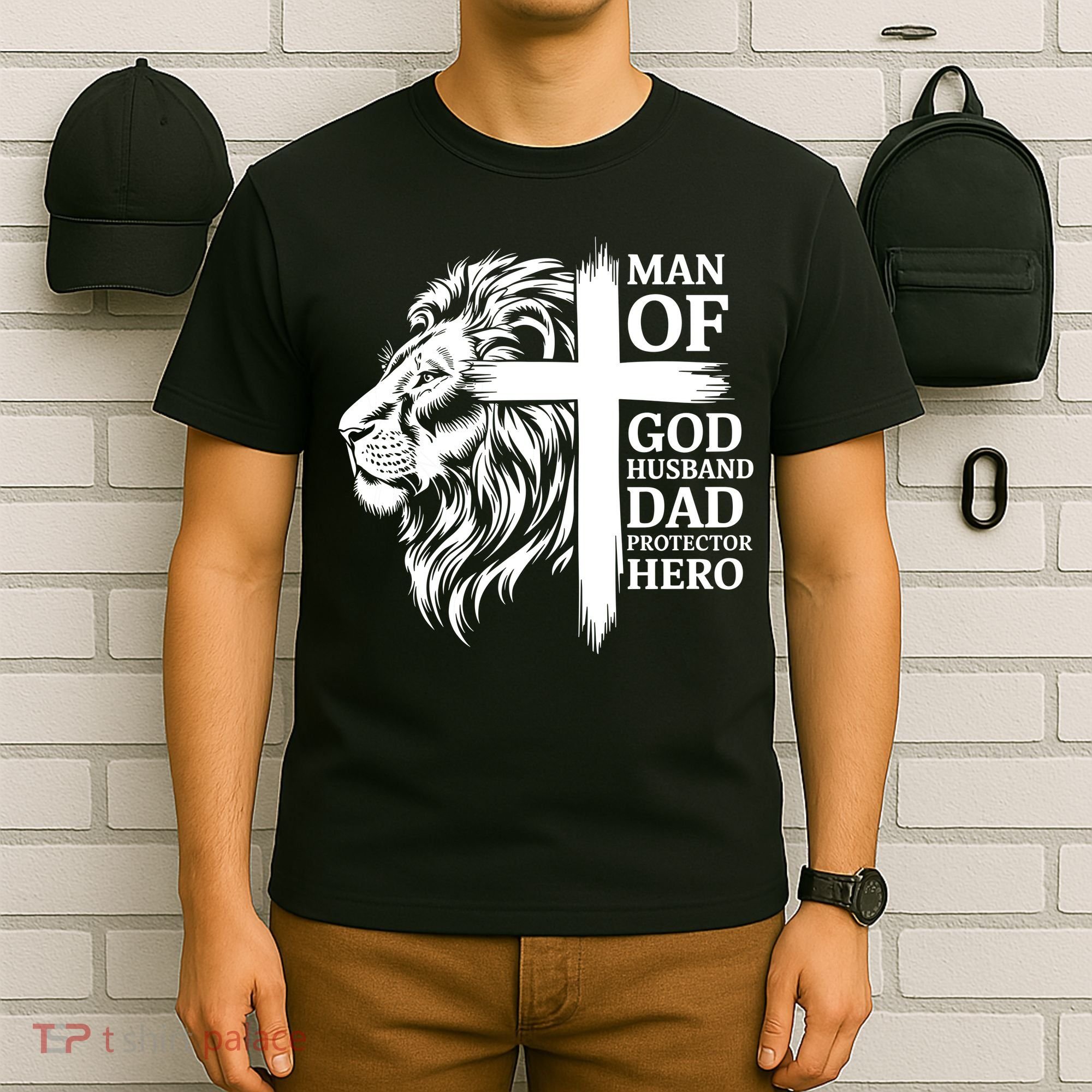 Man Of God Husband Daddy Protector Hero Dad Lion Jesus Cross T-Shirt