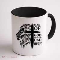 Man Of God Husband Daddy Protector Hero Dad Lion Jesus Cross Coffee Mug thumb 1