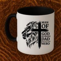 Man Of God Husband Daddy Protector Hero Dad Lion Jesus Cross Coffee Mug thumb 2