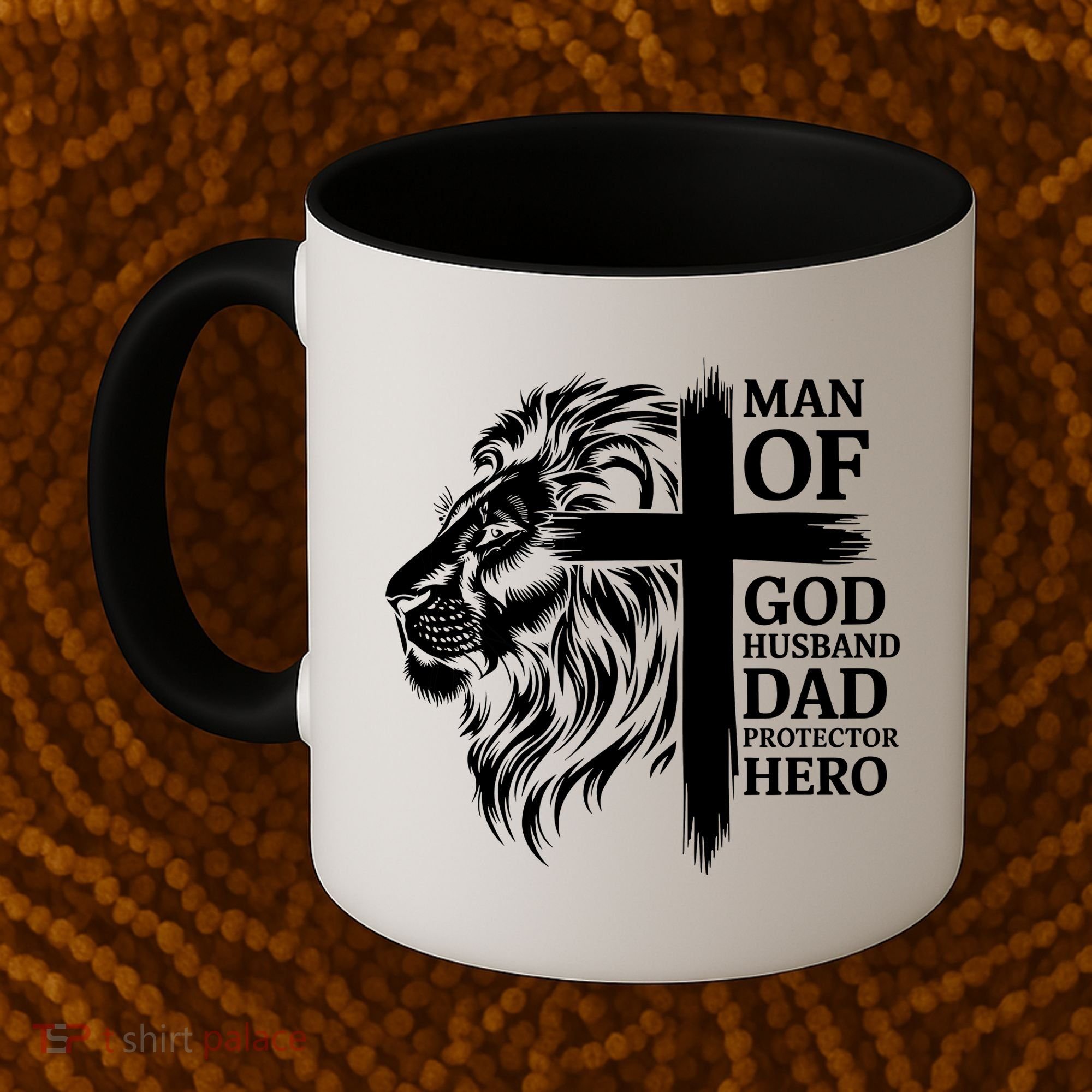 Man Of God Husband Daddy Protector Hero Dad Lion Jesus Cross Coffee Mug