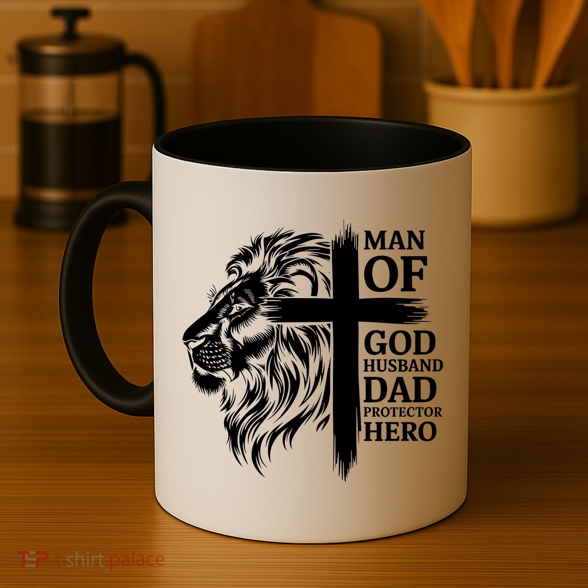 Man Of God Husband Daddy Protector Hero Dad Lion Jesus Cross Coffee Mug