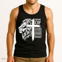 Man Of God Husband Daddy Protector Hero Dad Lion Jesus Cross Tank Top thumb 3