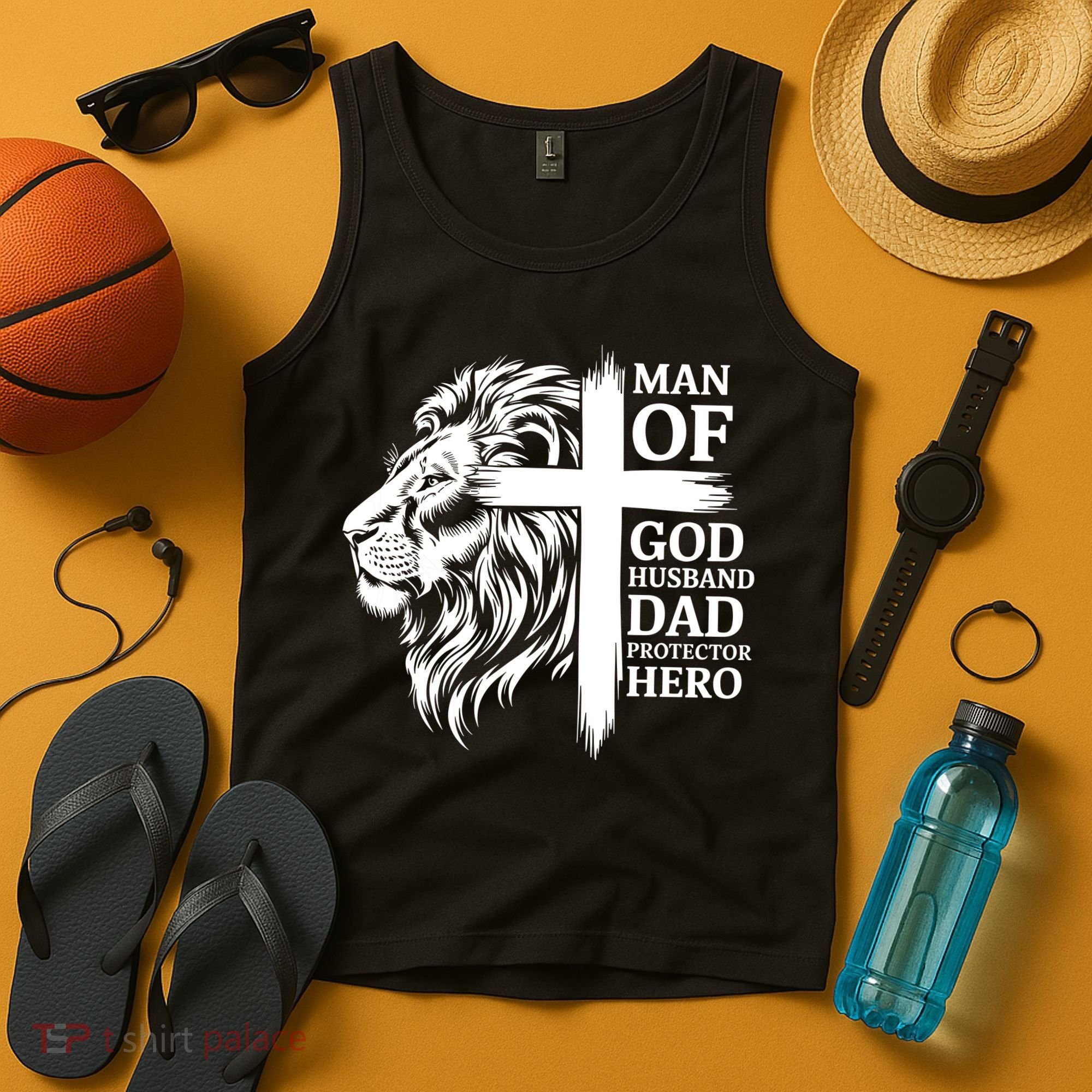 Man Of God Husband Daddy Protector Hero Dad Lion Jesus Cross Tank Top