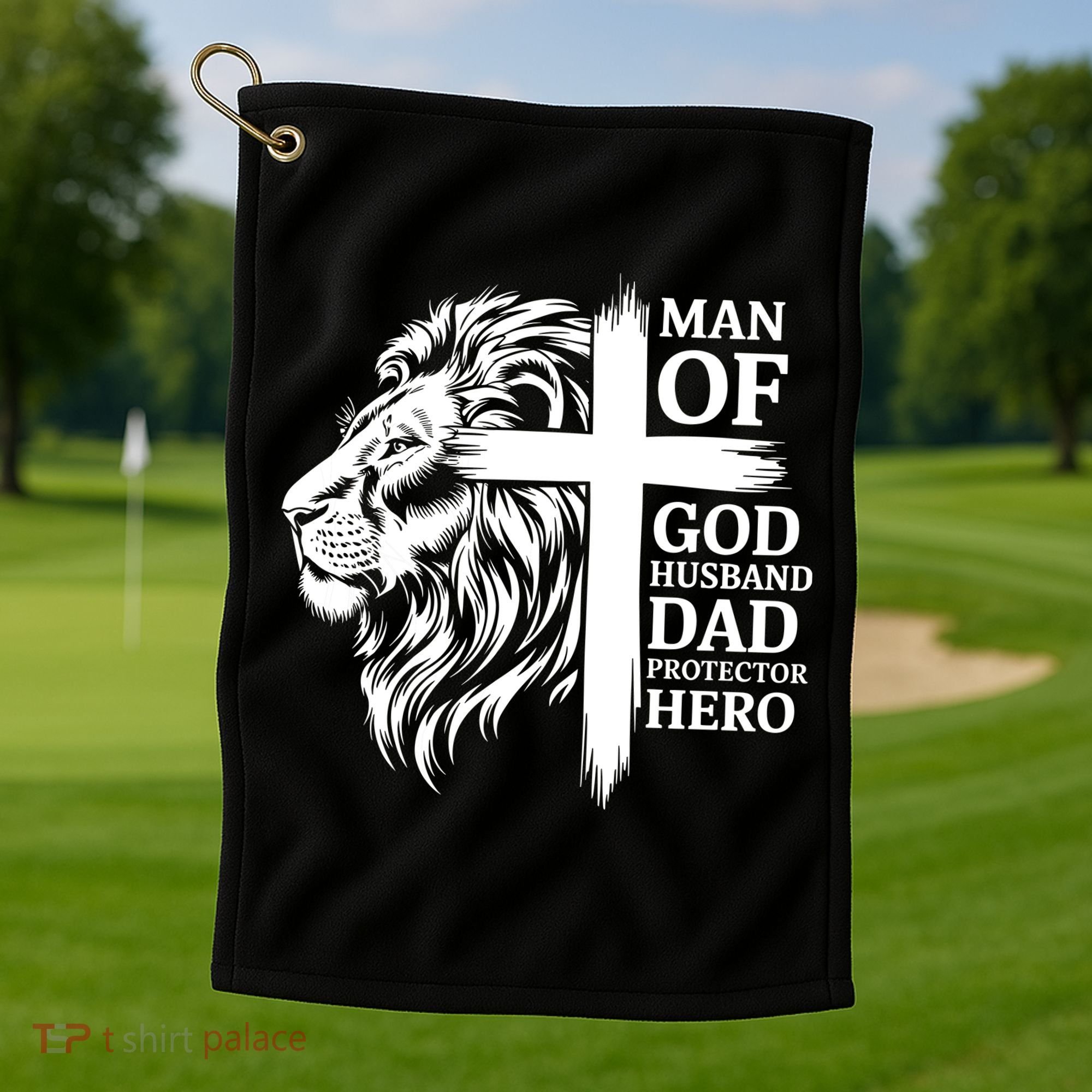 Man Of God Husband Daddy Protector Hero Dad Lion Jesus Cross Golf Towel