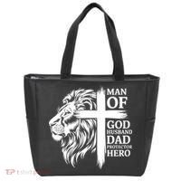 Man Of God Husband Daddy Protector Hero Dad Lion Jesus Cross Tote Bag thumb 0