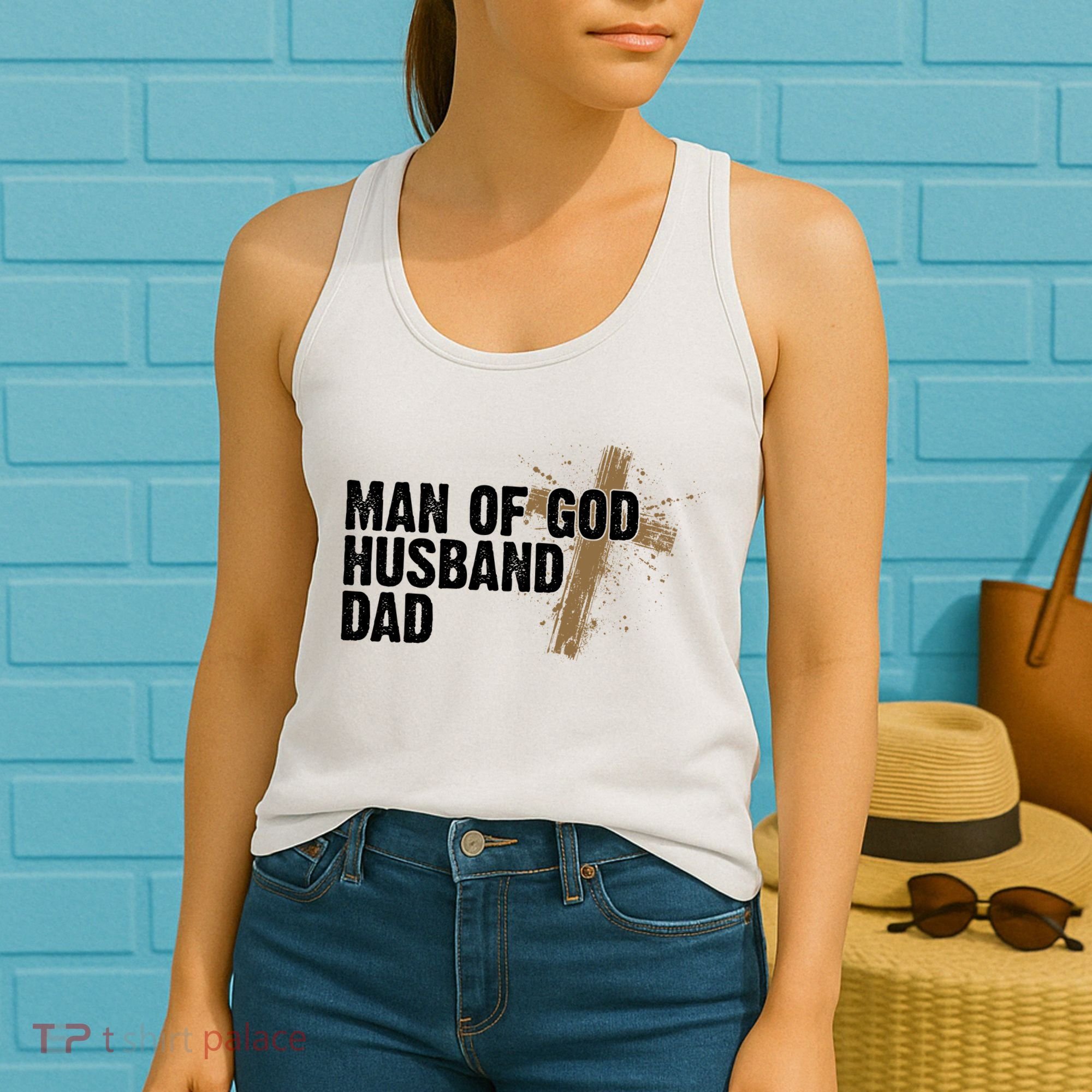 Man Of God Husband Dad Religious Cross Fathers Day Women's Tank Top