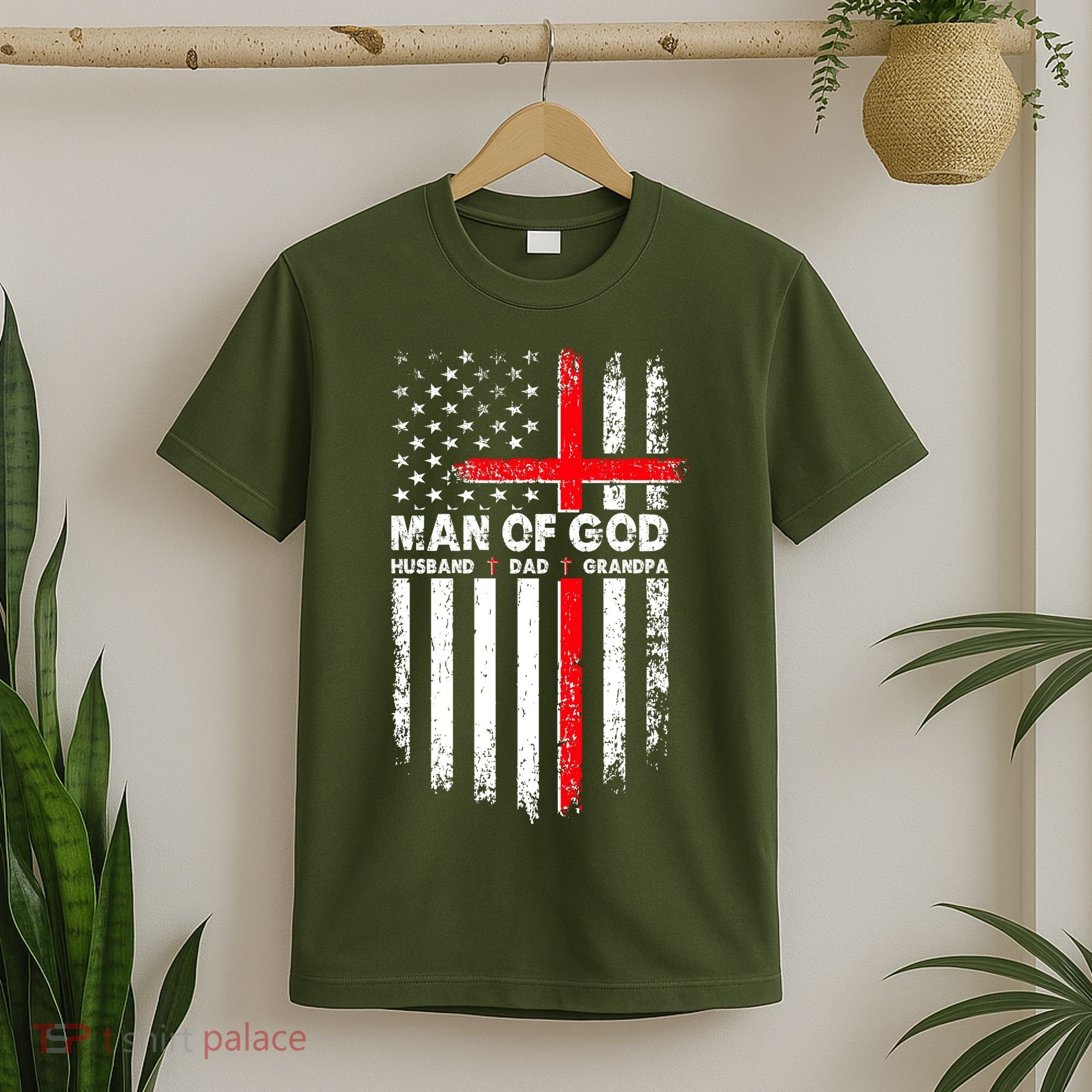 Man Of God Husband Dad Grandpa USA American Flag Cross T-Shirt