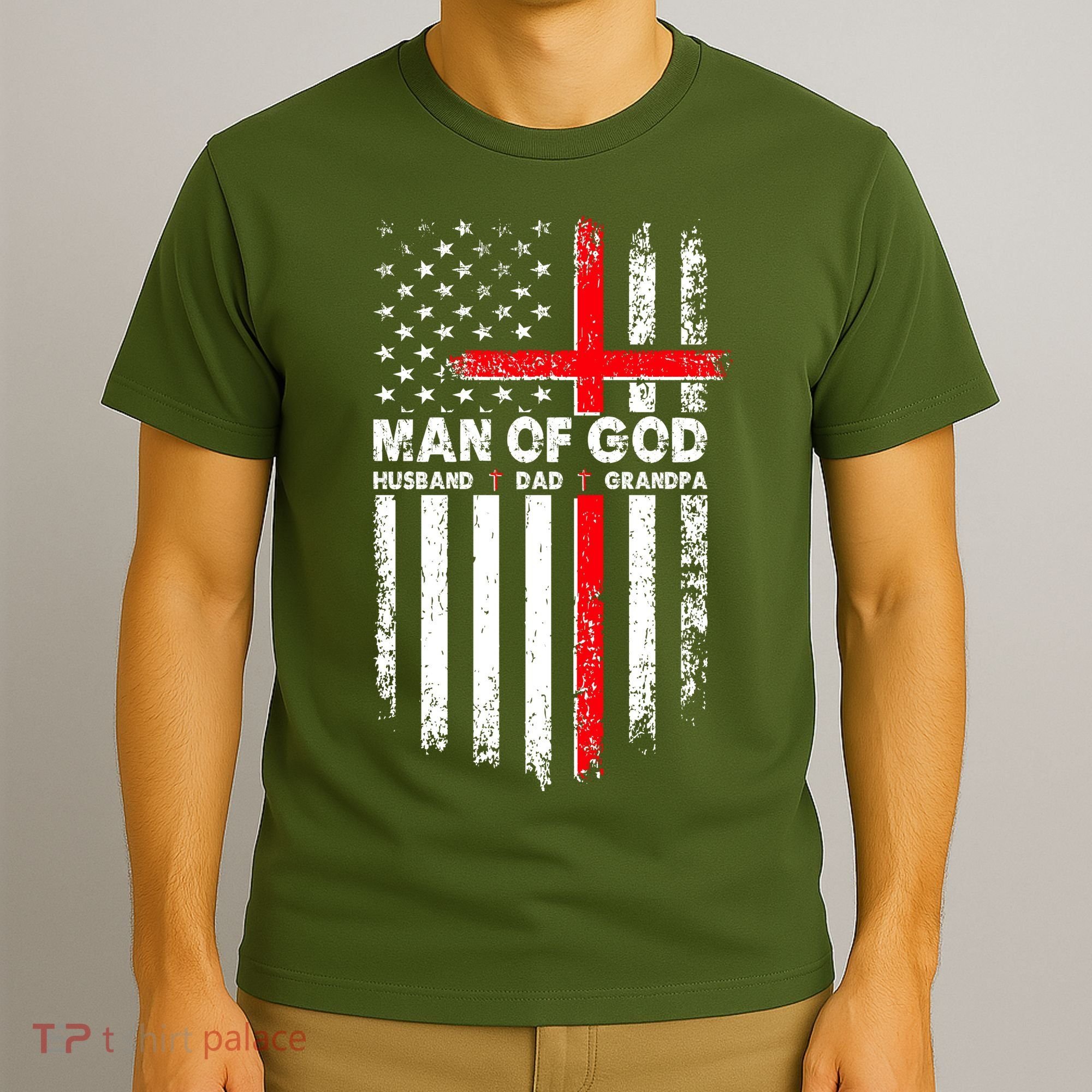 Man Of God Husband Dad Grandpa USA American Flag Cross T-Shirt