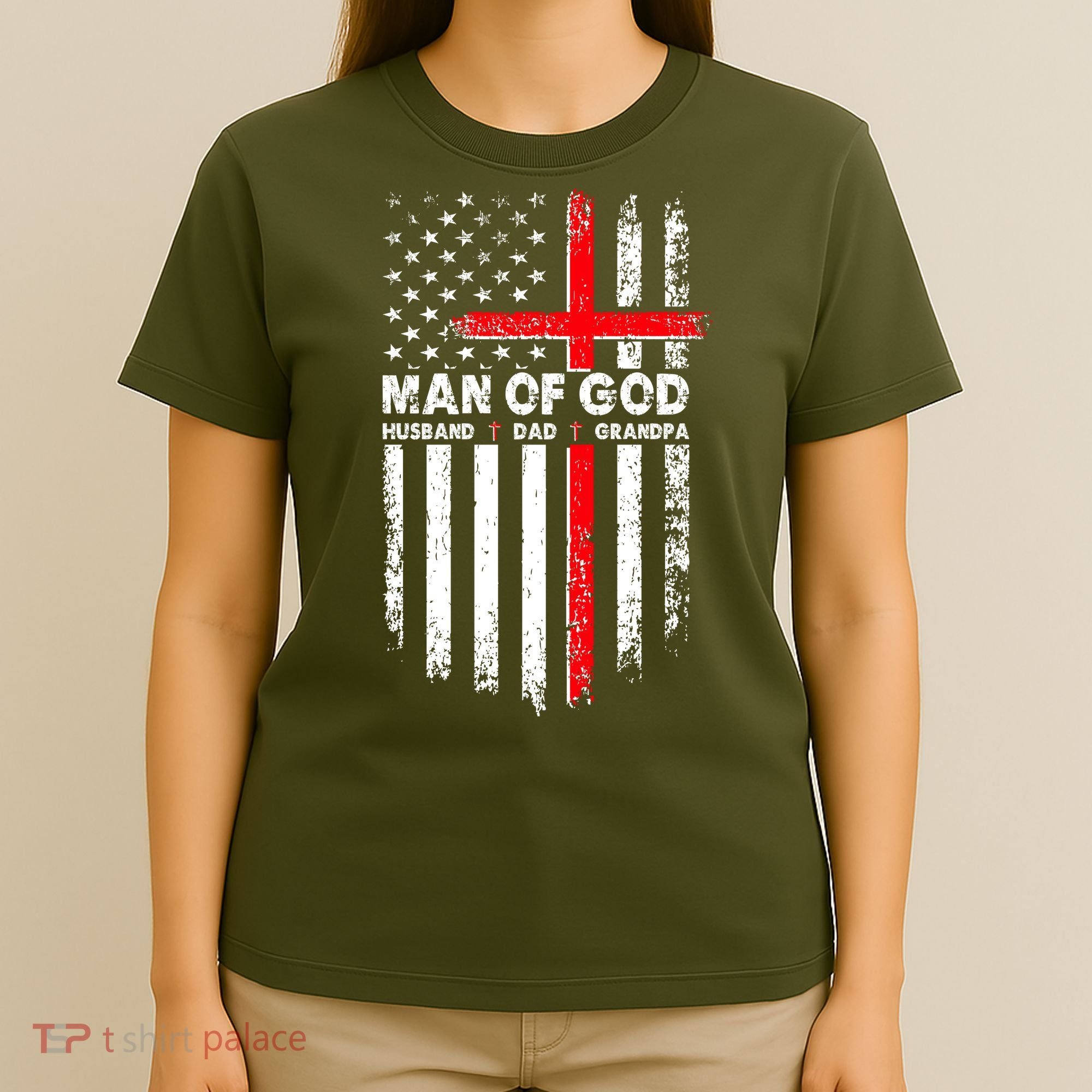 Man Of God Husband Dad Grandpa USA American Flag Cross T-Shirt