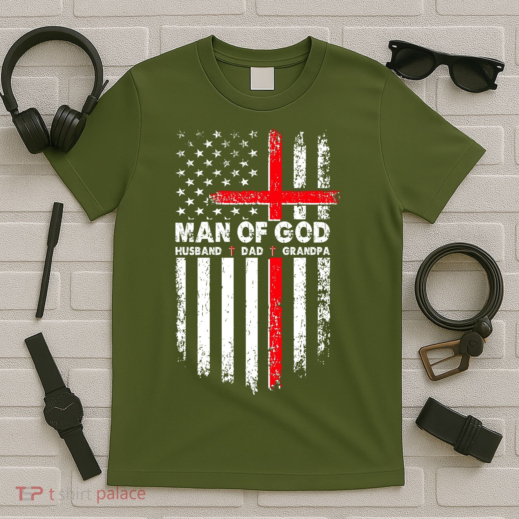 Man Of God Husband Dad Grandpa USA American Flag Cross T-Shirt