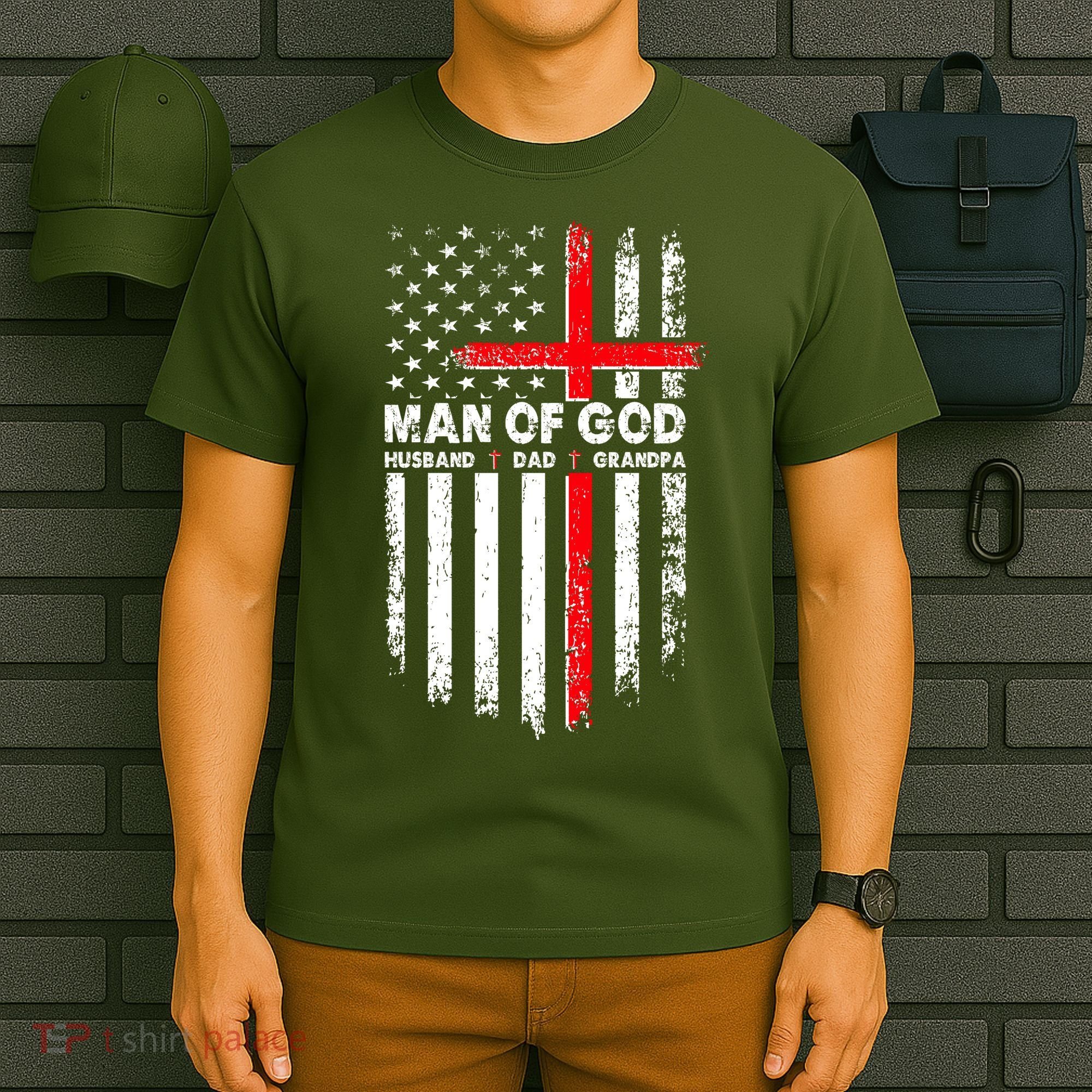 Man Of God Husband Dad Grandpa USA American Flag Cross T-Shirt