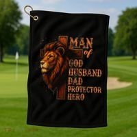 Man Of God Husband Daddy Protector Hero Lion Fathers Day Golf Towel thumb 1