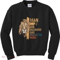 Man Of God Husband Daddy Protector Hero Lion FatherS Day Kids Sweatshirt thumb 0