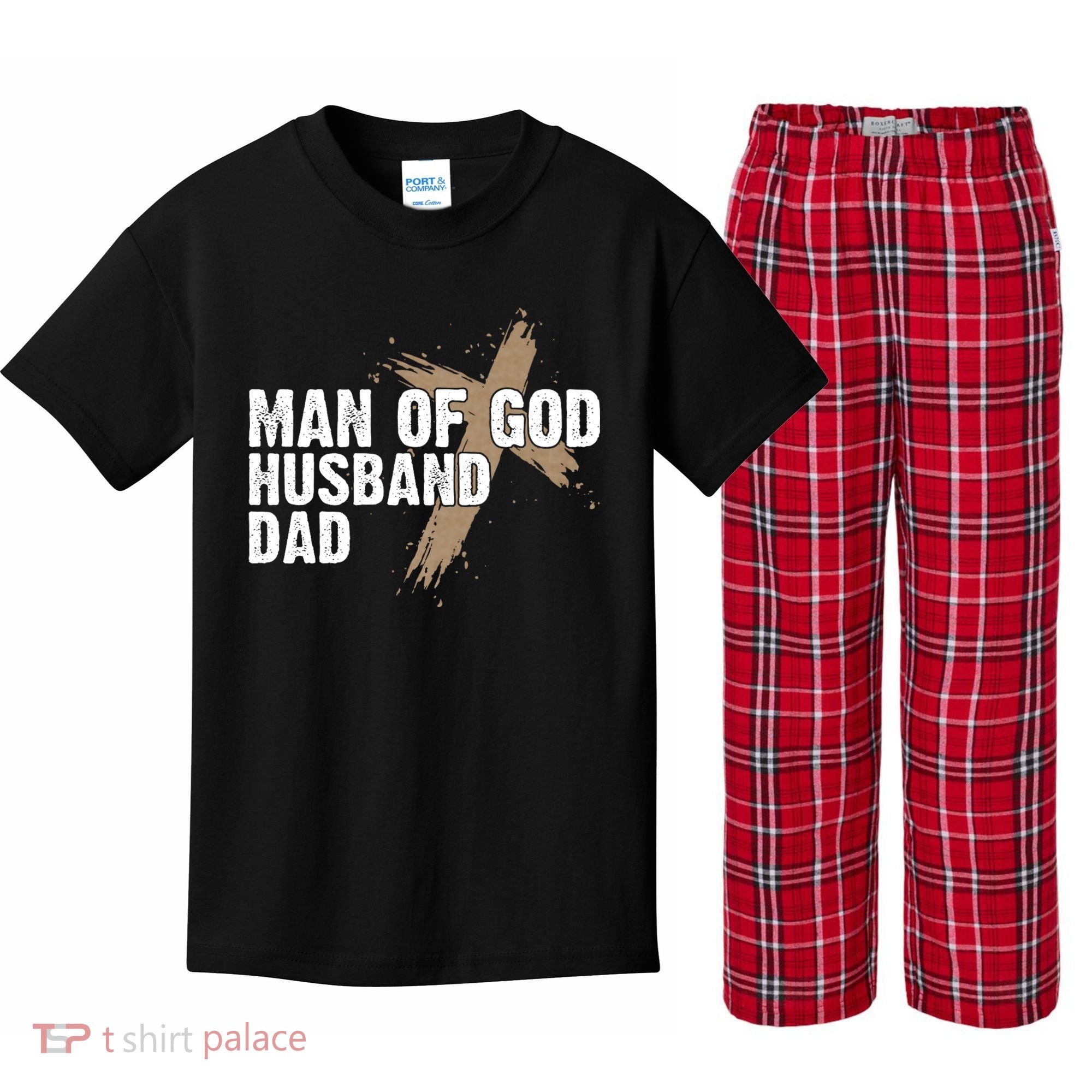 Man Of God Husband Dad Religious Cross FatherS Day Faith Kids Plaid Pajama Set