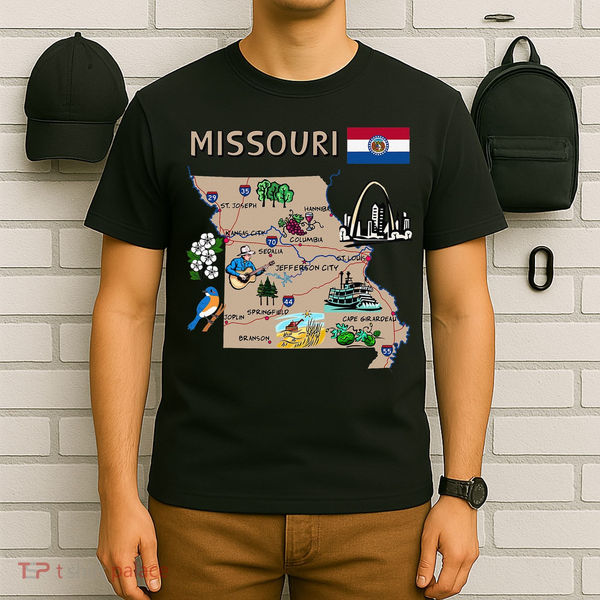 Map of Missouri Landmarks major cities roads flag T-Shirt