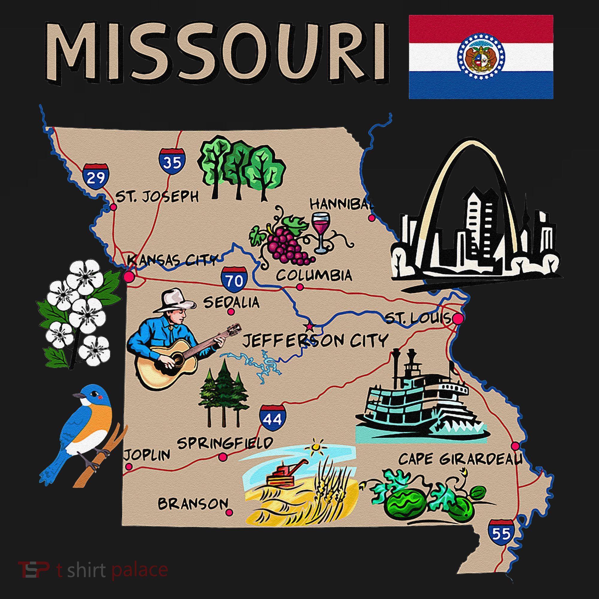 Map of Missouri Landmarks major cities roads flag T-Shirt