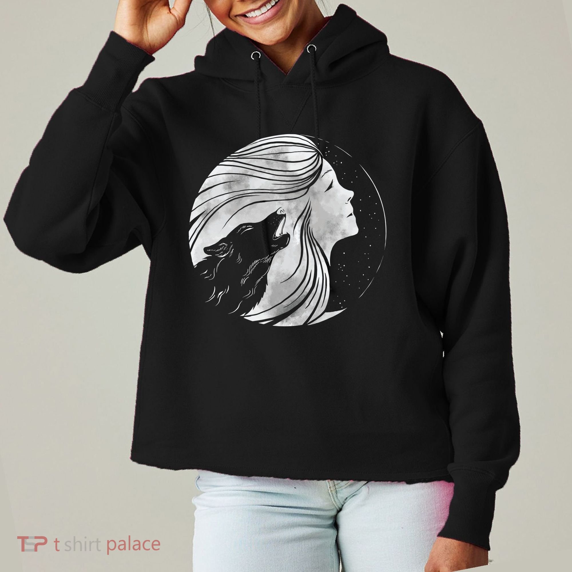 Moon Wolf Illustration Ladies Heavyweight Boxy Pullover Hoodie