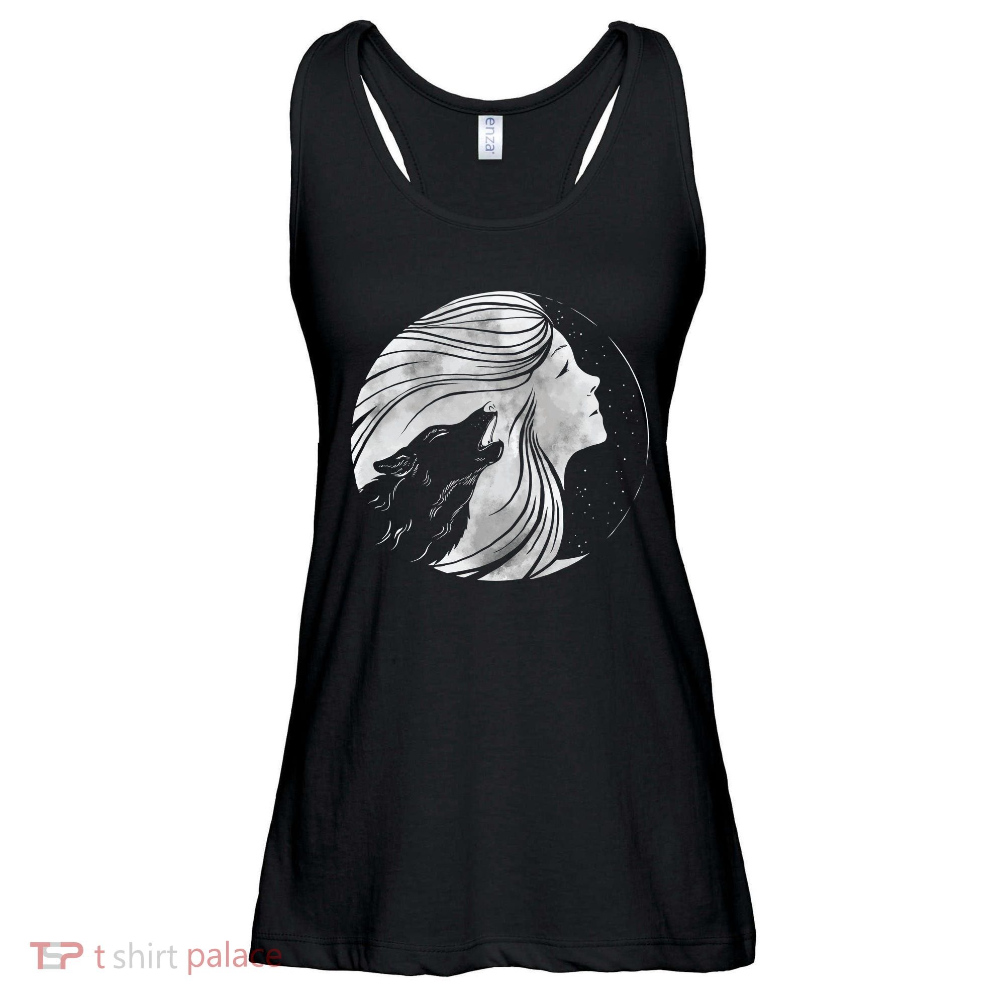 Moon Wolf Illustration Ladies Essential Flowy Tank
