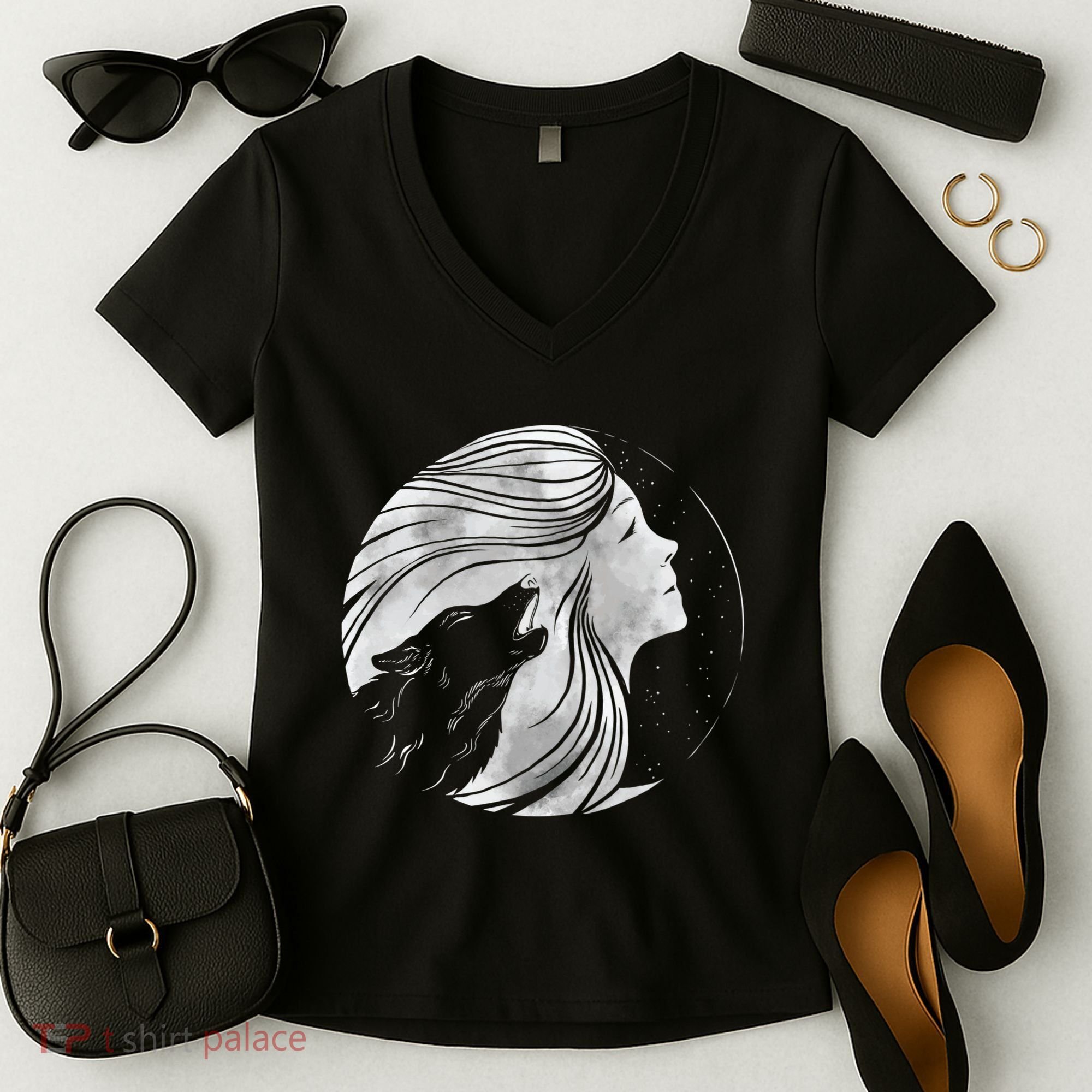 Moon Wolf Illustration Women's V-Neck T-Shirt