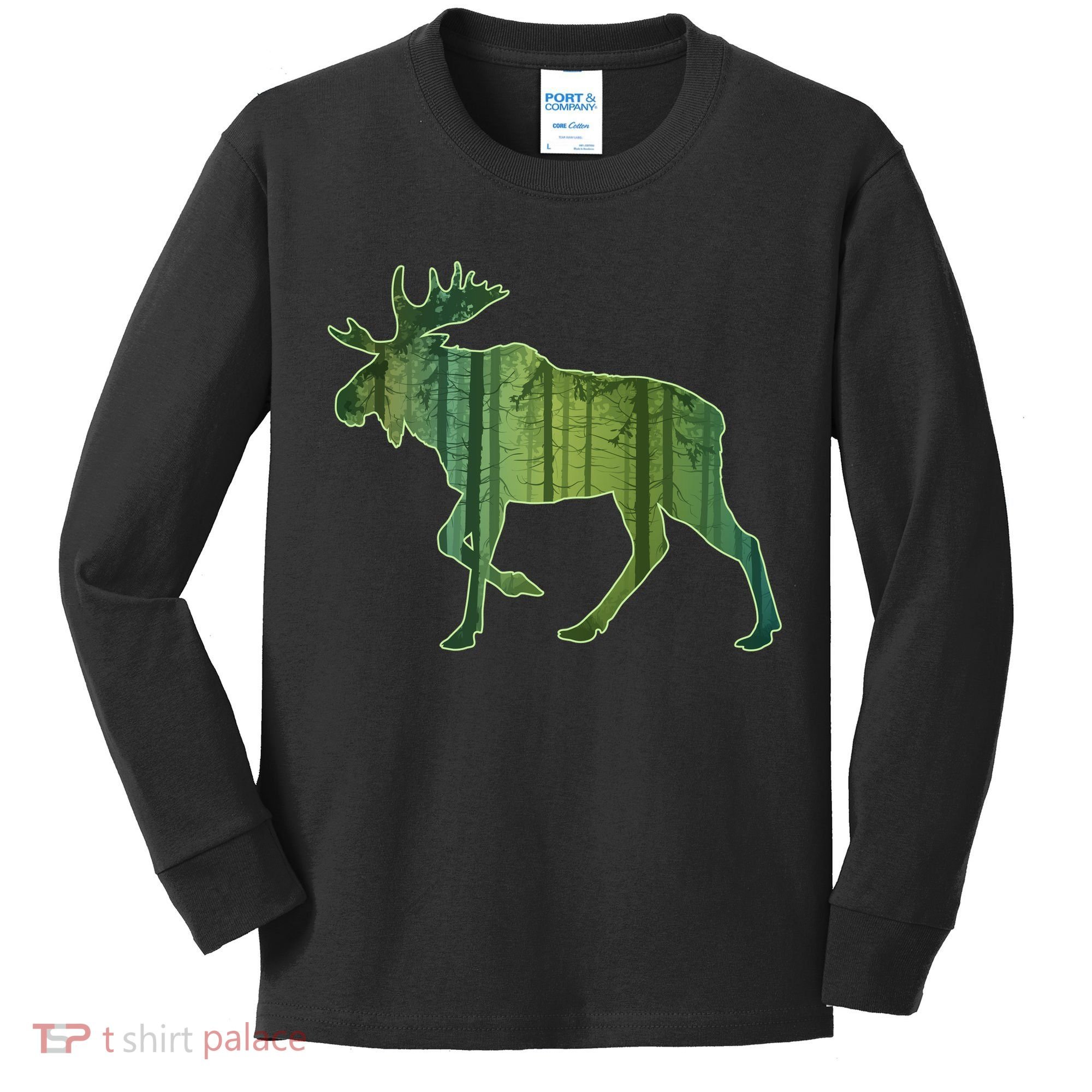 Moose Forest Silhouette Kids Long Sleeve Shirt