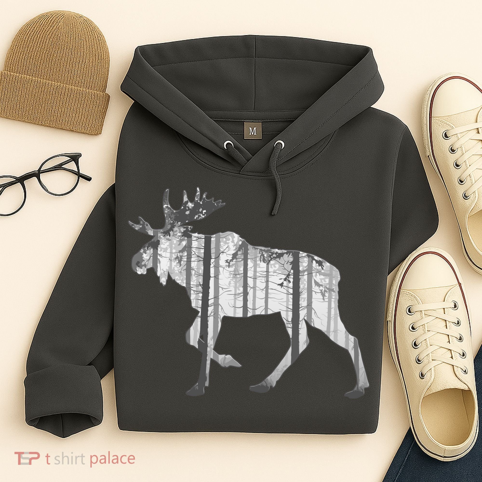 Moose Forest Silhouette Grey Style Hoodie
